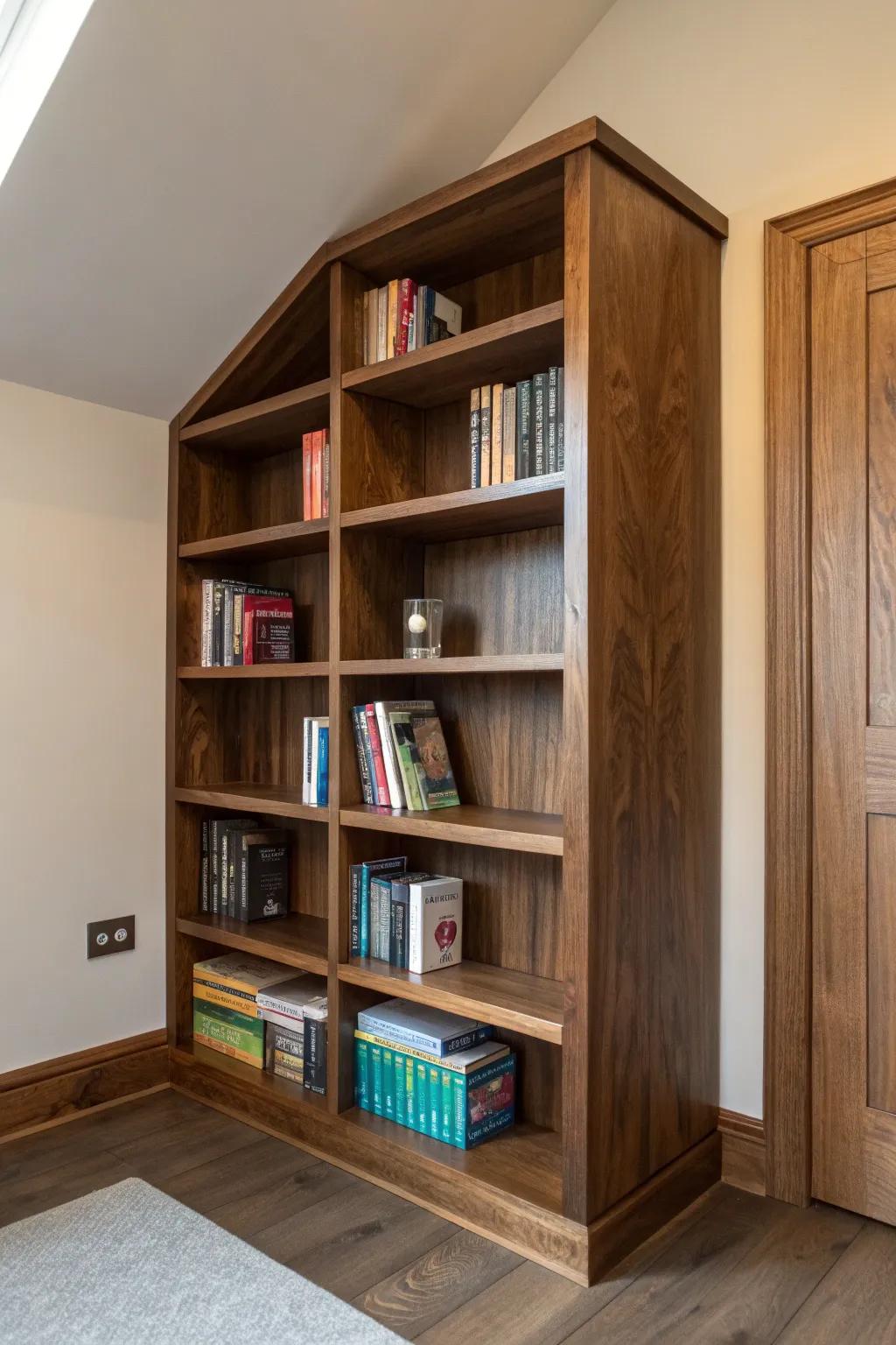 Revamp your dwelling with a handcrafted corner bookshelf that seamlessly blends aesthetic and function.