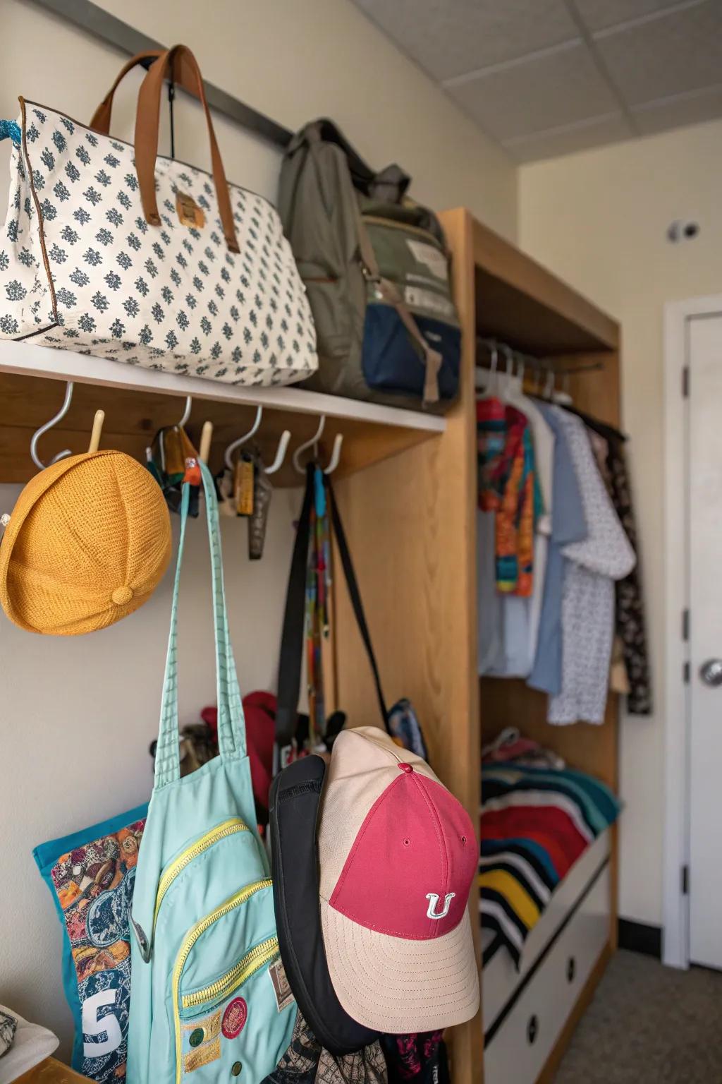 Hooks keep extras like bags and headwear organized and accessible.