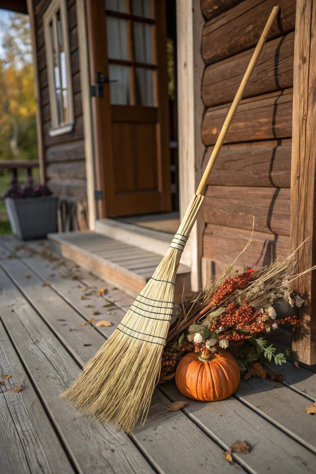 Embrace the enchantment of autumn with a handcrafted enchantress's broom, where understated beauty converges with bohemian charm.
