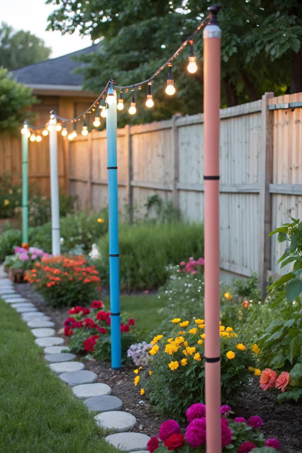 PVC supports provide an affordable and creative way to hang string lights.
