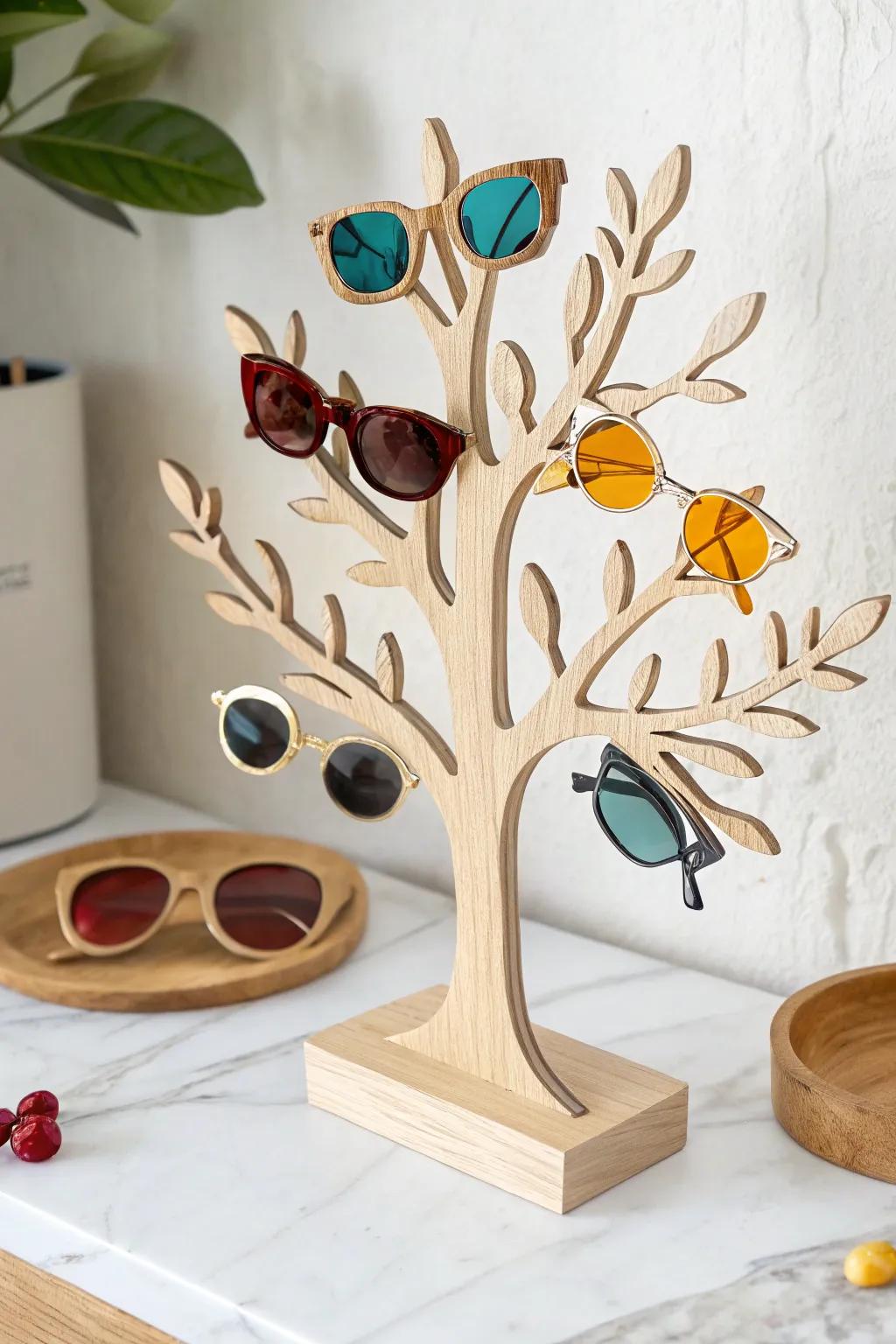 Transform your organization game with a minimalist jewelry tree that doubles as a chic sunglass holder.