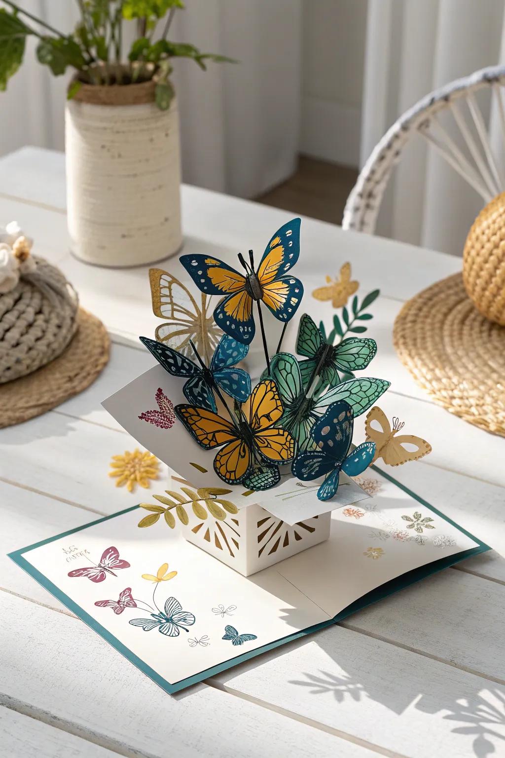 Uncover a realm of wonder with this captivating three-dimensional lepidopteran greeting—ideal for seizing affections and imaginations equally.