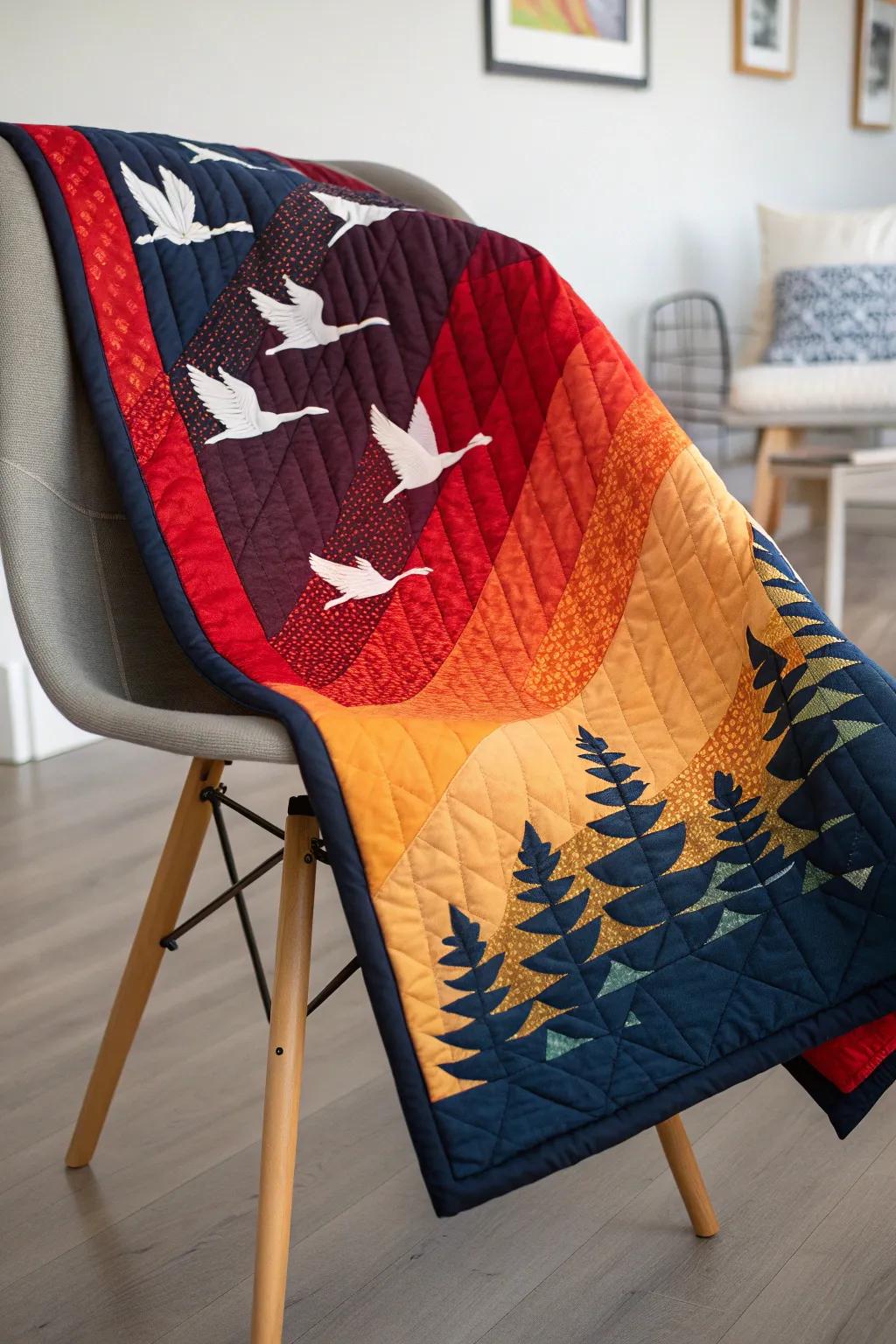Embrace the splendor of alteration through a flying geese temperature quilt—where craftsmanship converges with the vibrant shades of nature.