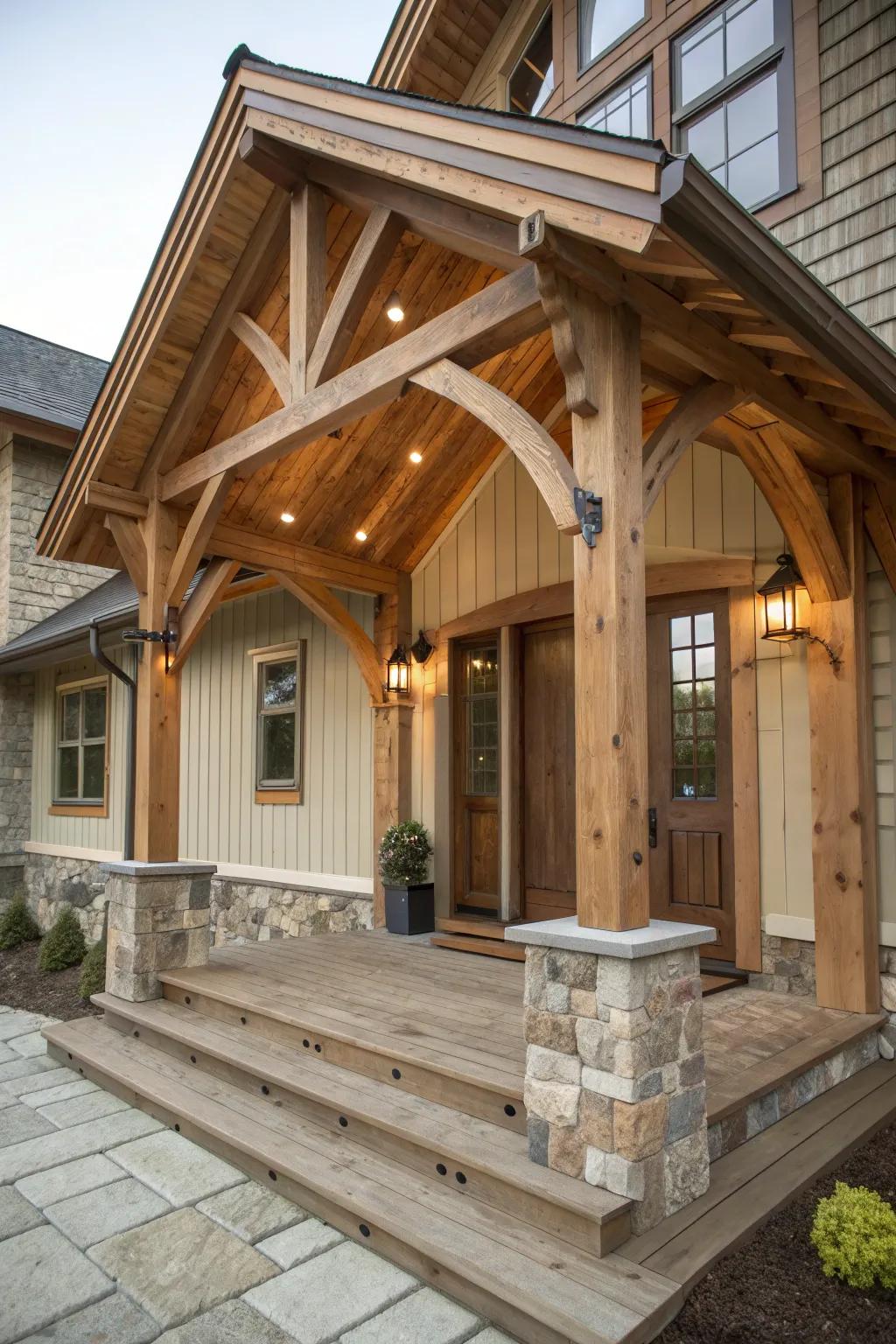 Transform your entrance with the ageless grace of a hand-fashioned timber frame porch.