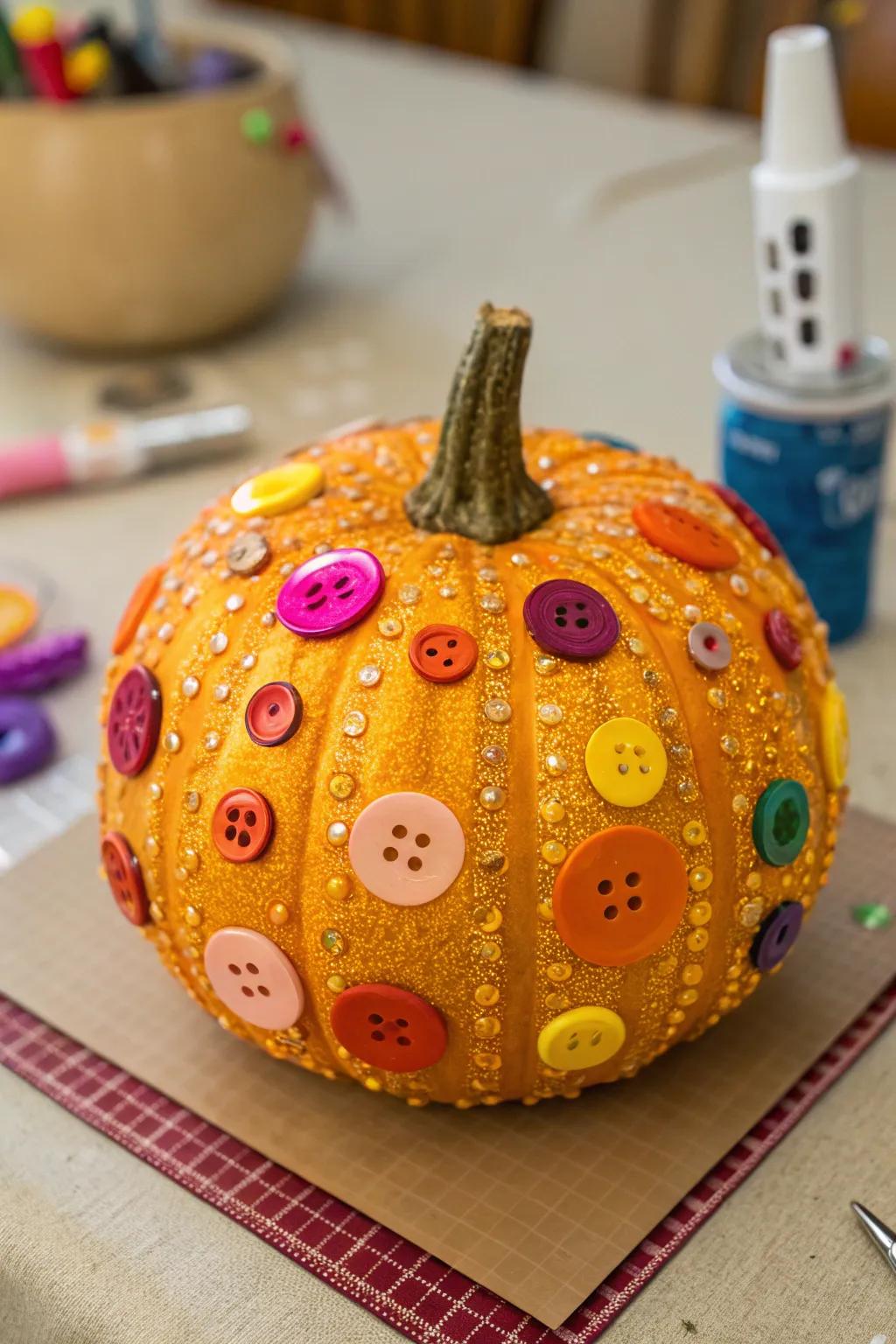 A glistening pumpkin decorated with glued embellishments.