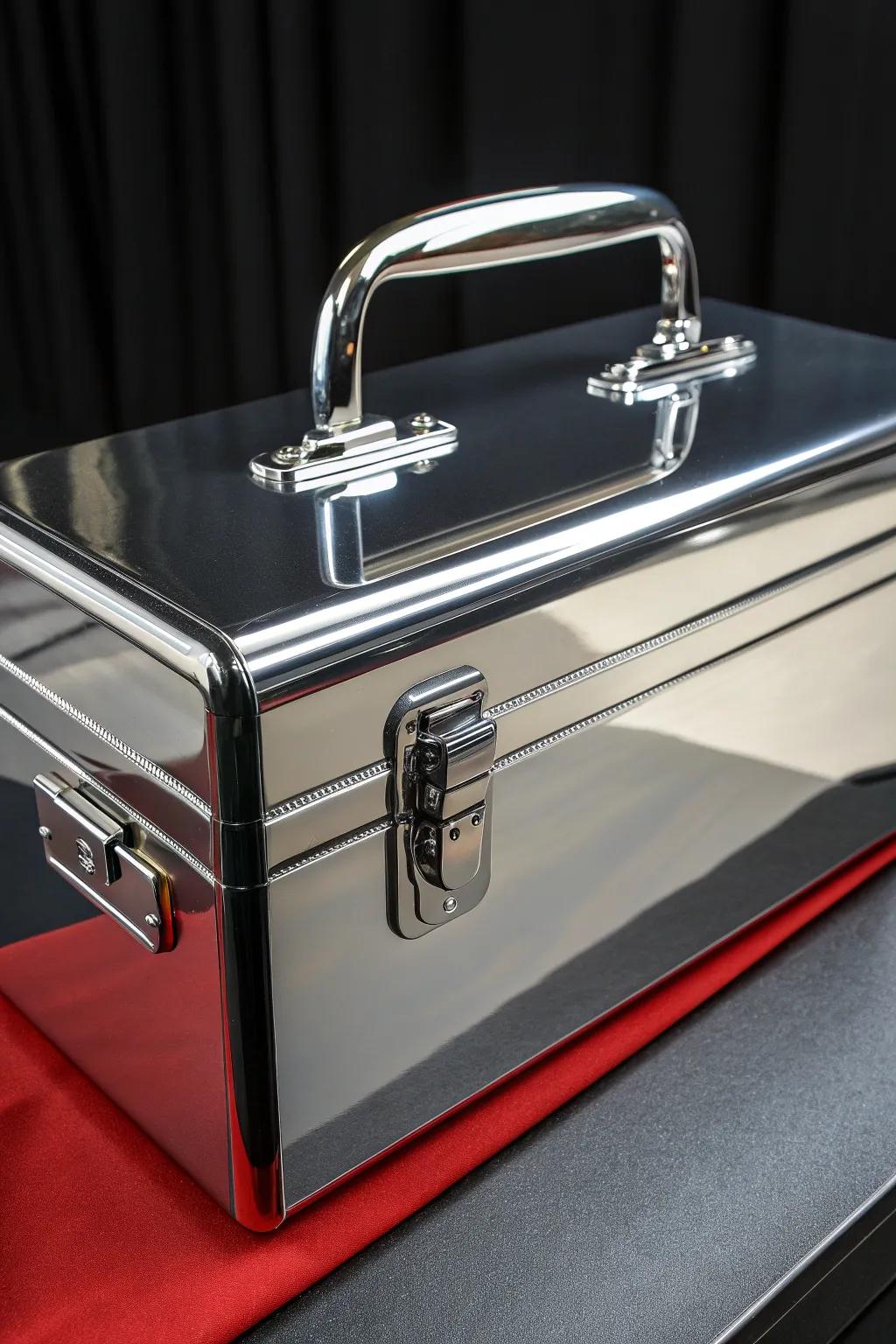 Revitalize your workspace through industrial sophistication: a metallic-wrapped toolbox shining with modern elegance.