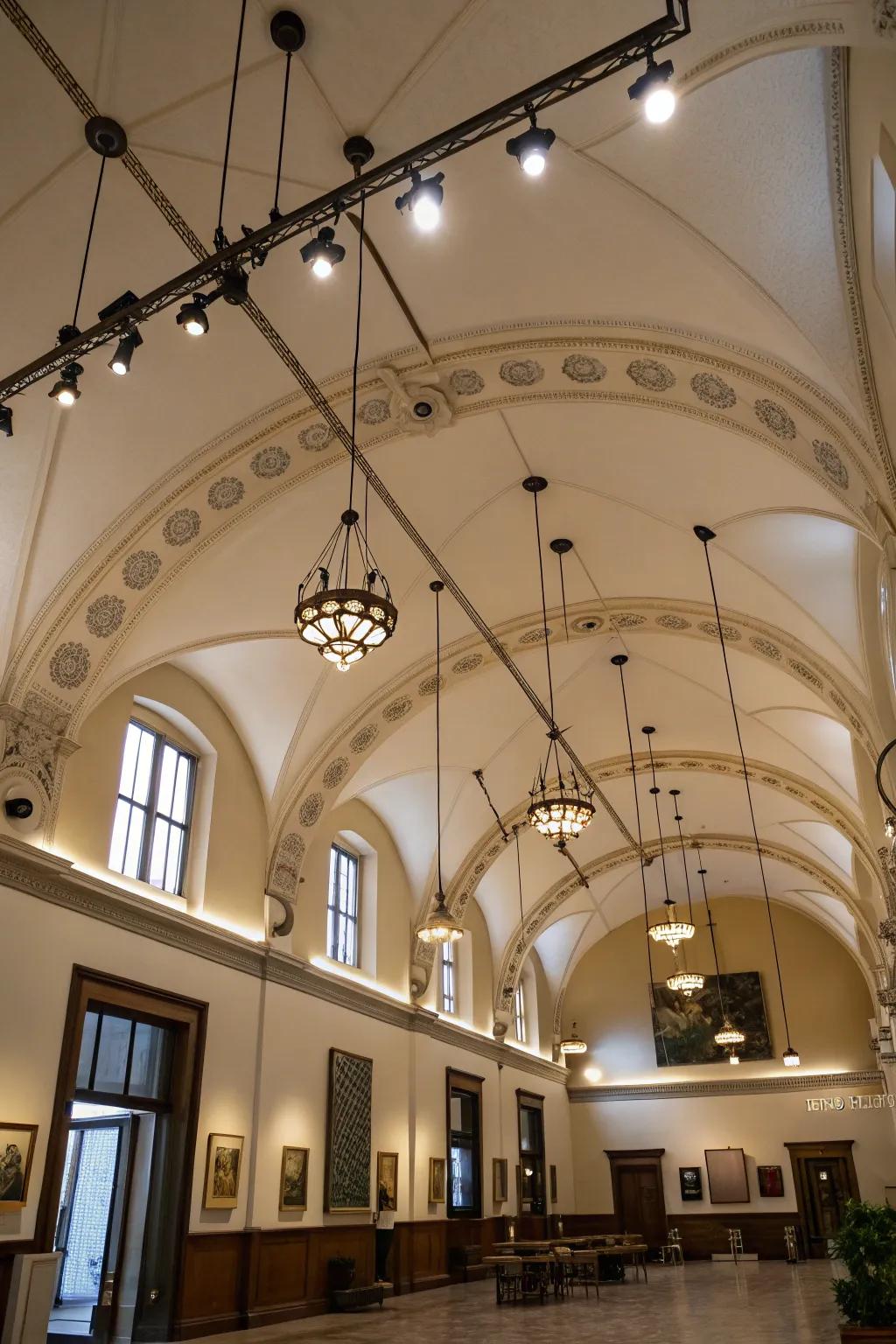 Creative track illumination with droplight features imparts an artistic touch to any room.