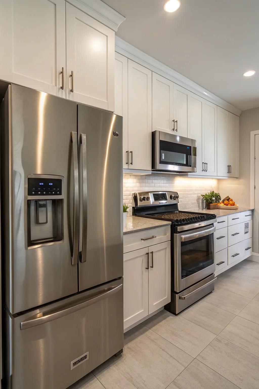 Contemporary appliances enhance the seamless appearance of this kitchen.