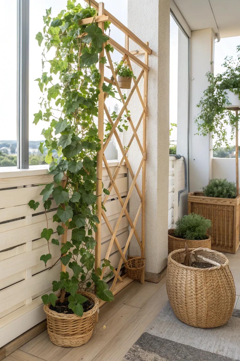Elevate your terrace area with a lush, verdant seclusion partition lattice that unifies minimalism with a Boho touch.