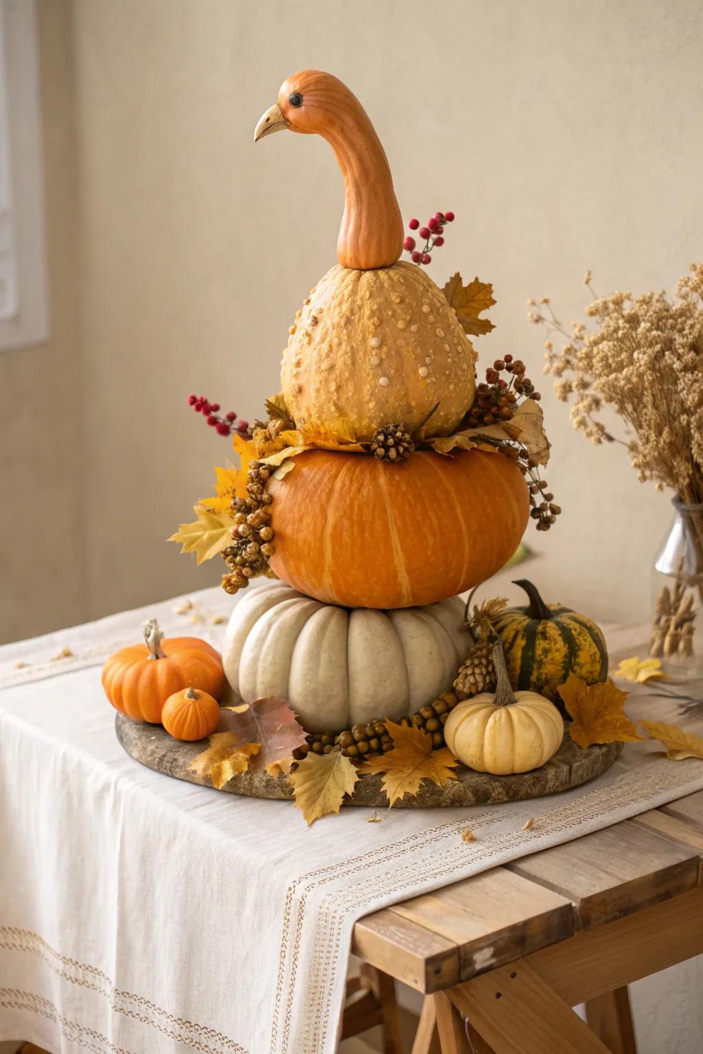 Fashion a delightful turkey centerpiece with pumpkins and gourds for your autumnal ornamentation!