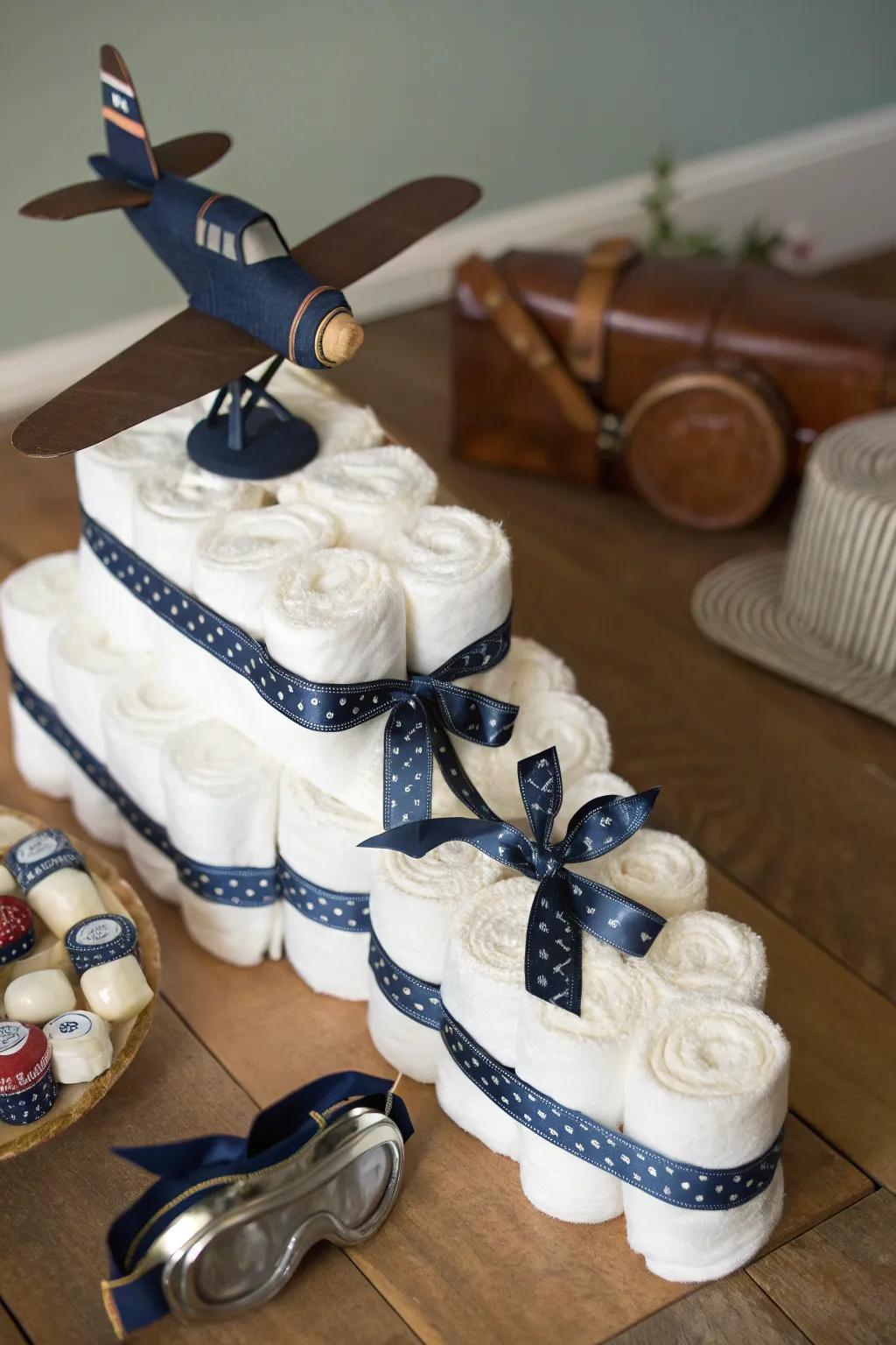 Take to the skies in style through this outstanding flying machine diaper cake, designed for your tiny aviator.