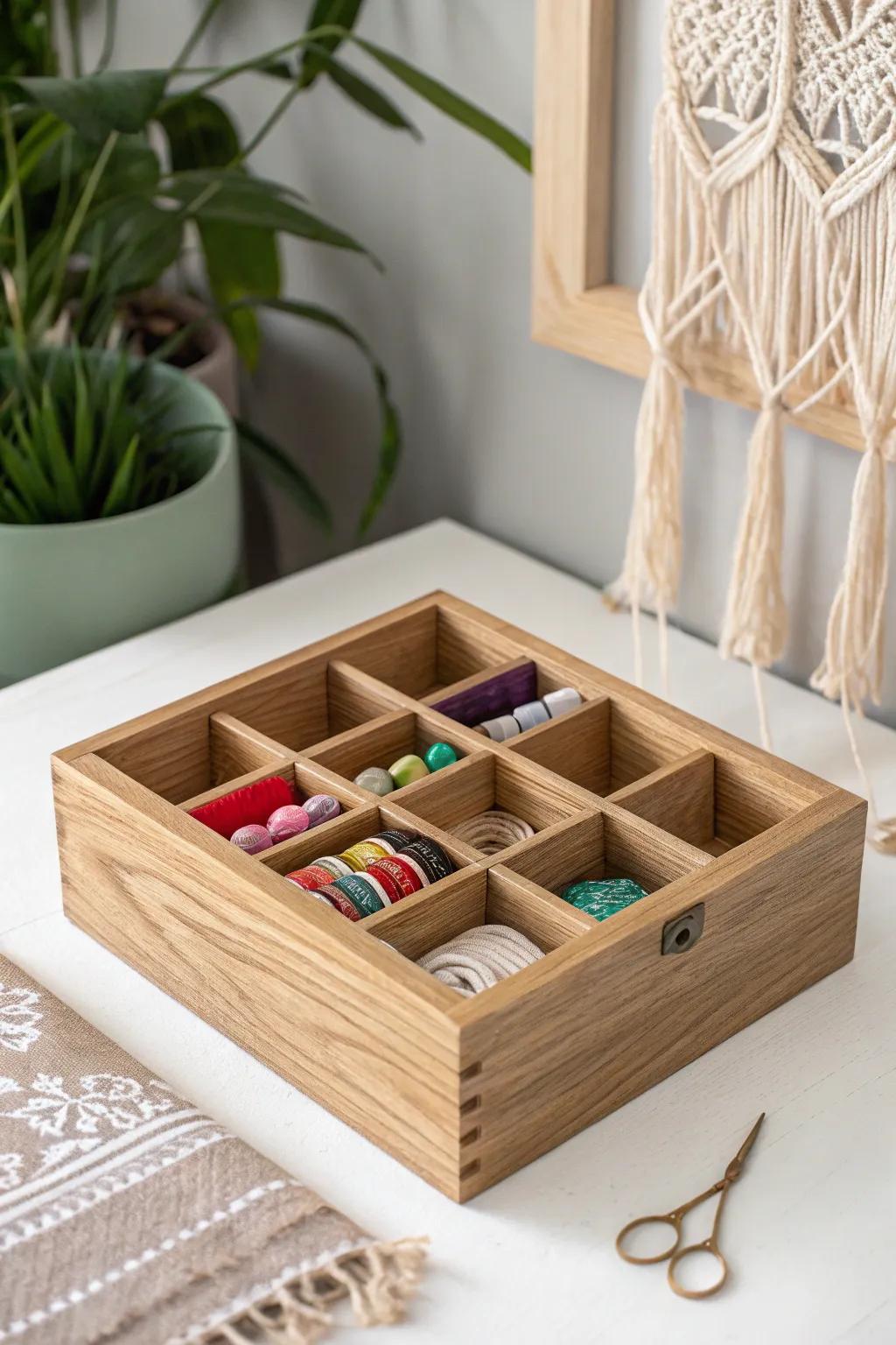 Enhance your organizational system via this striking multi-compartment timber casing, where Scandinavian simplicity blends with bohemian charm.