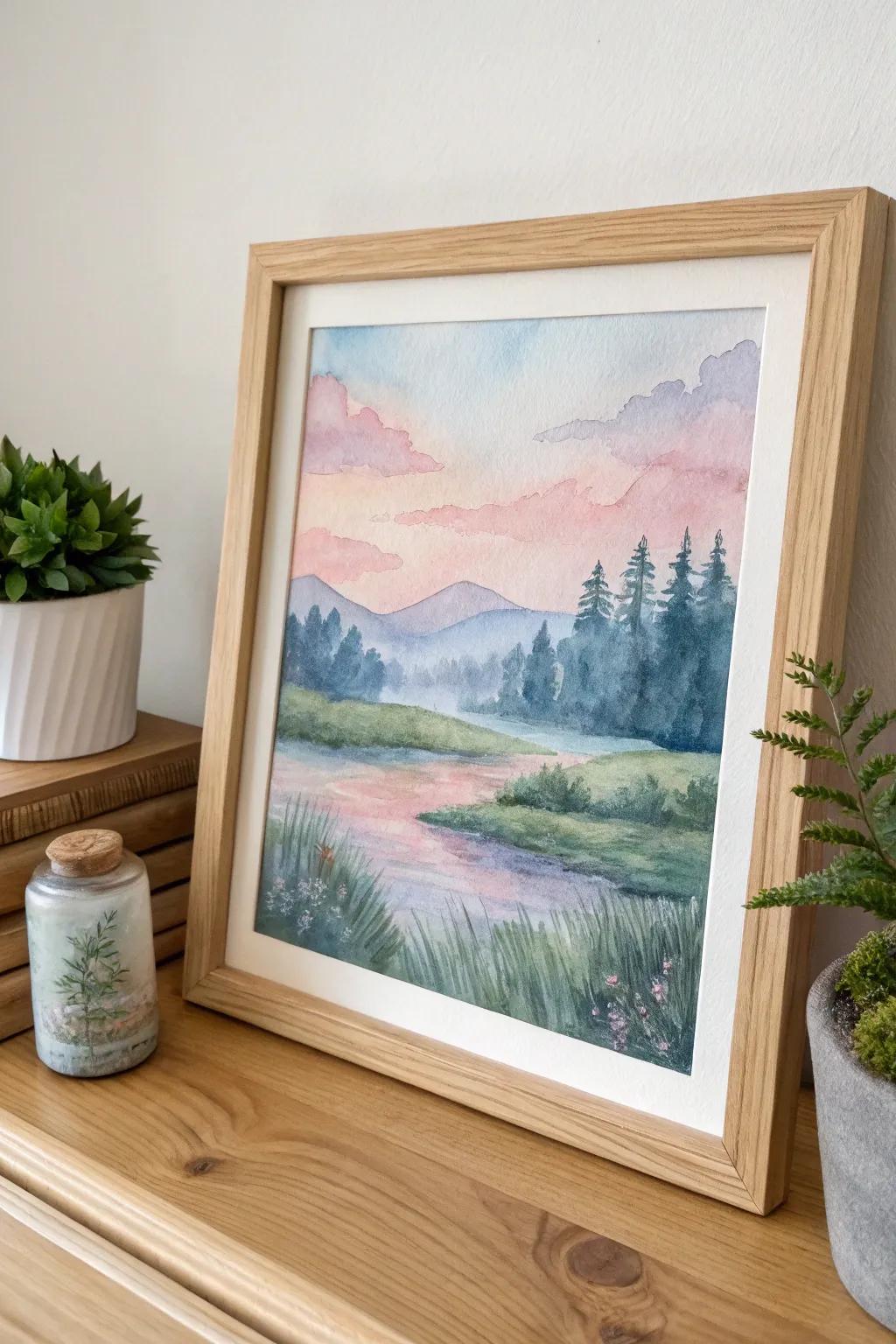 Engross yourself in tranquility with this dreamlike watercolor vista, a quintessential fusion of Scandinavian minimalism and bohemian allure.