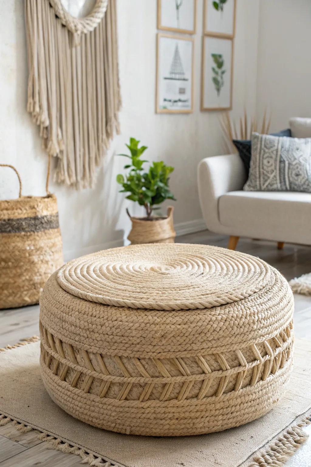 Elevate your space with this chic upcycled tire ottoman wrapped in jute—where sustainability meets Scandinavian elegance.