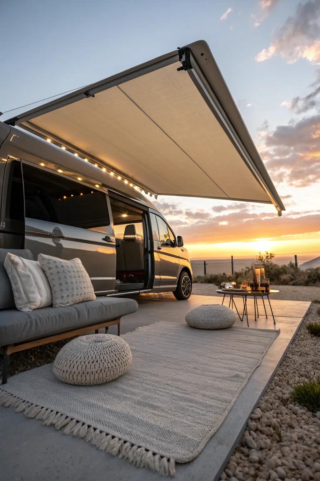 Transform your van into a cozy retreat with a stylish retractable sunshade, perfect for sunset relaxation.