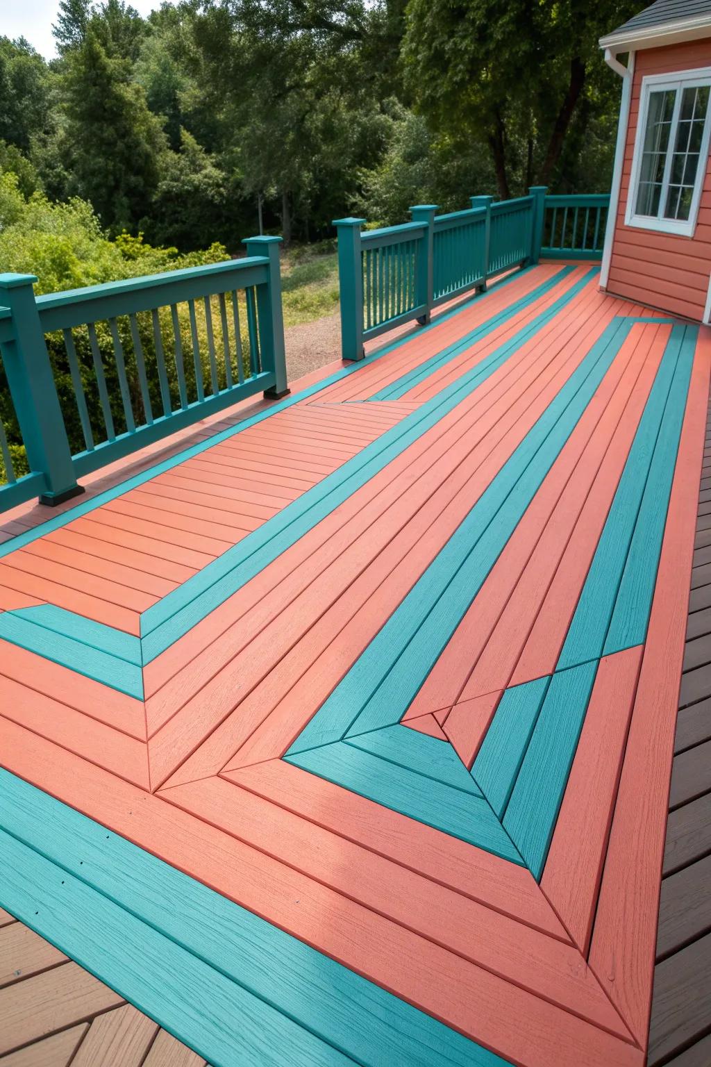 Enhance your outdoor area with a bold teal and coral outdoor floor that exudes artistry and style.