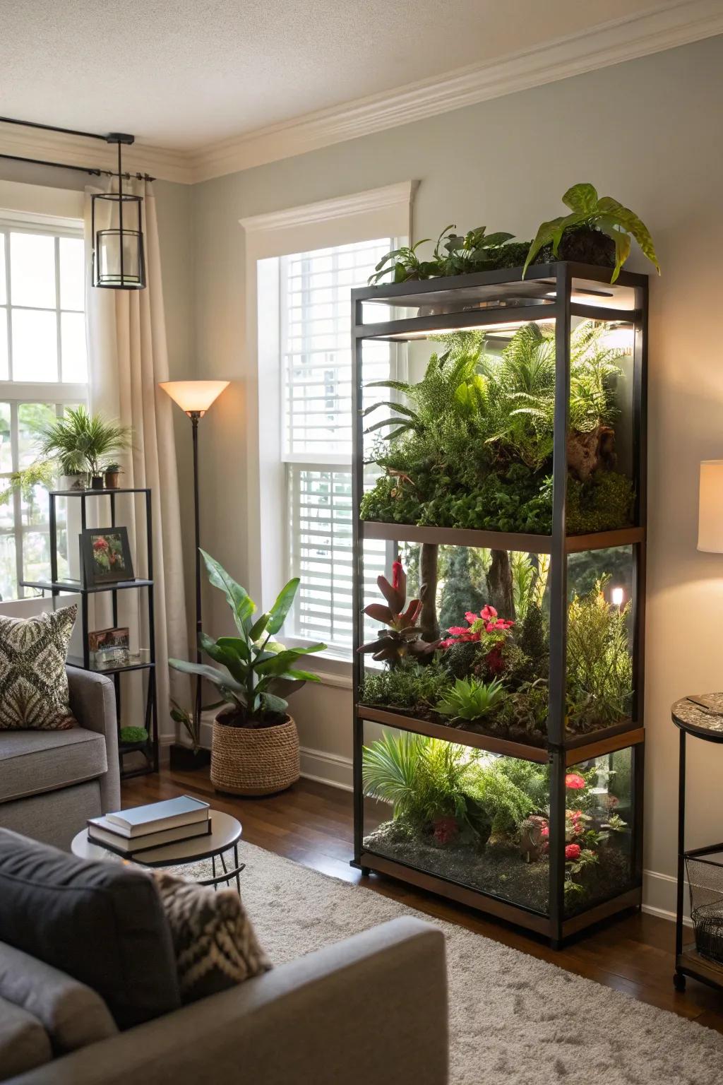 A living chamber enriched through a multi-tiered terrarium exhibit, instilling profundity and dynamic fascination.