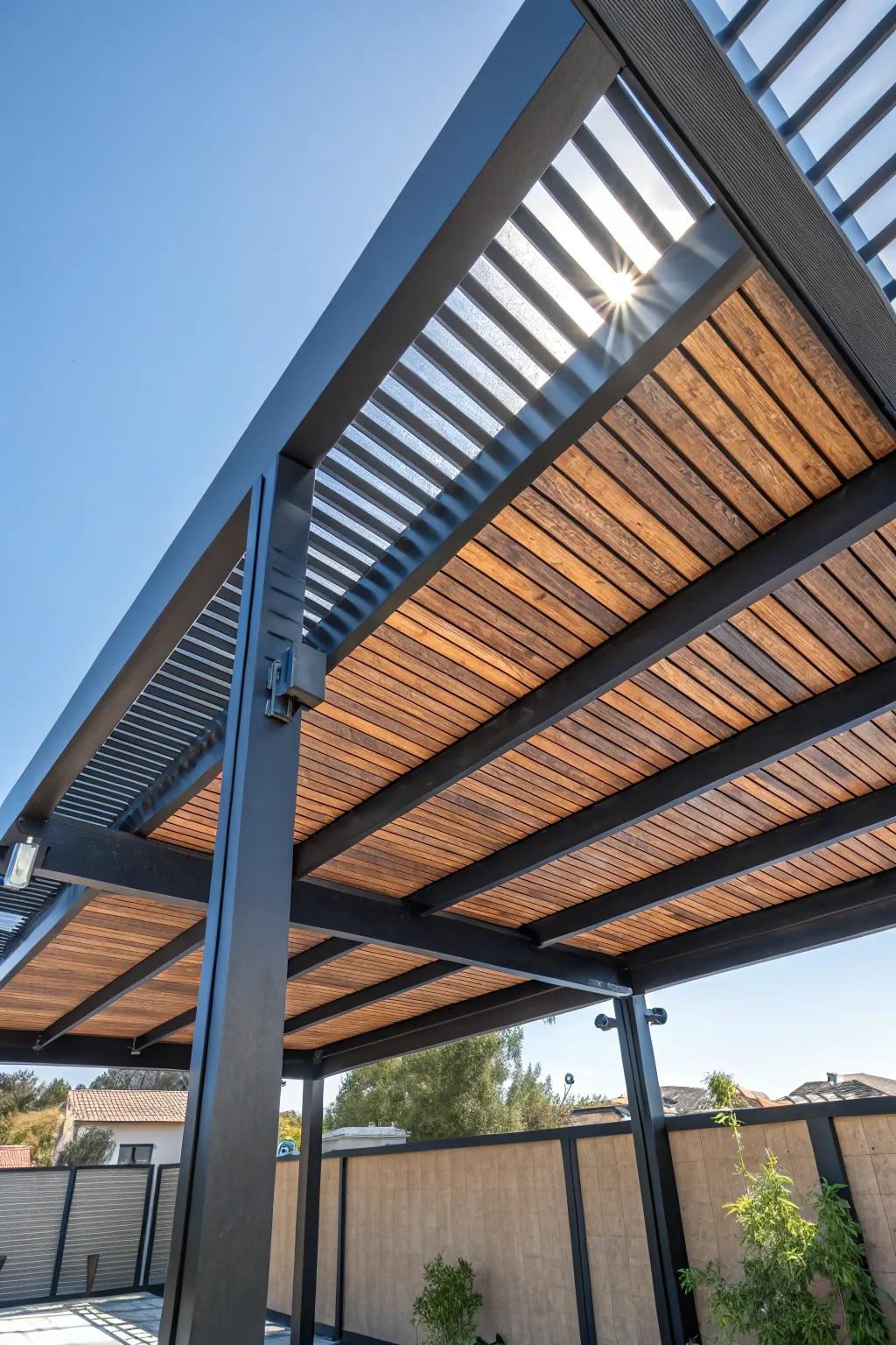 Discover the perfect fusion of modern refinement and rustic charm with this expertly fashioned waterproof pergola roof.