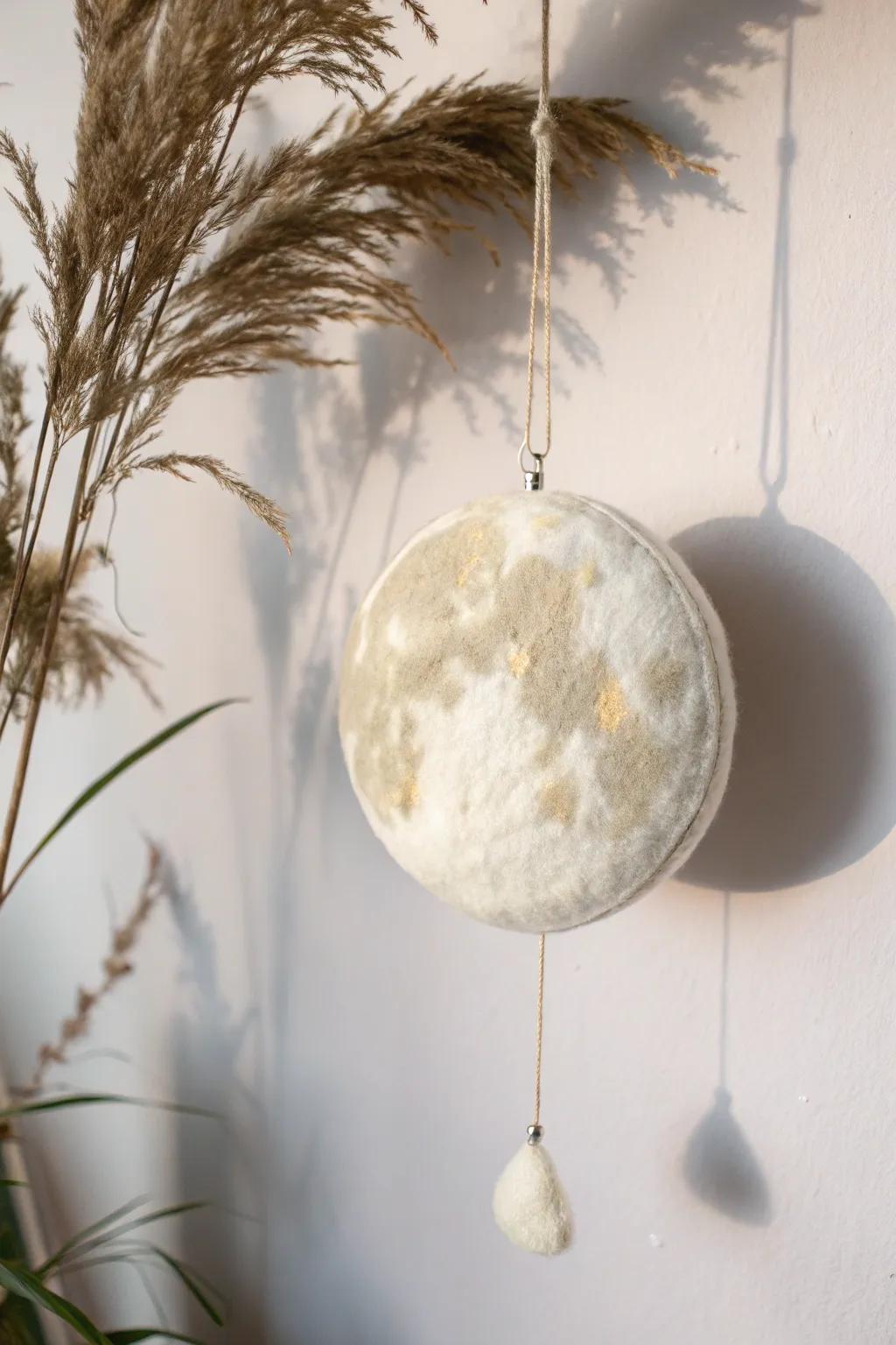 Embrace celestial serenity with a handcrafted felted moon, ideal for a dreamy minimalist space.