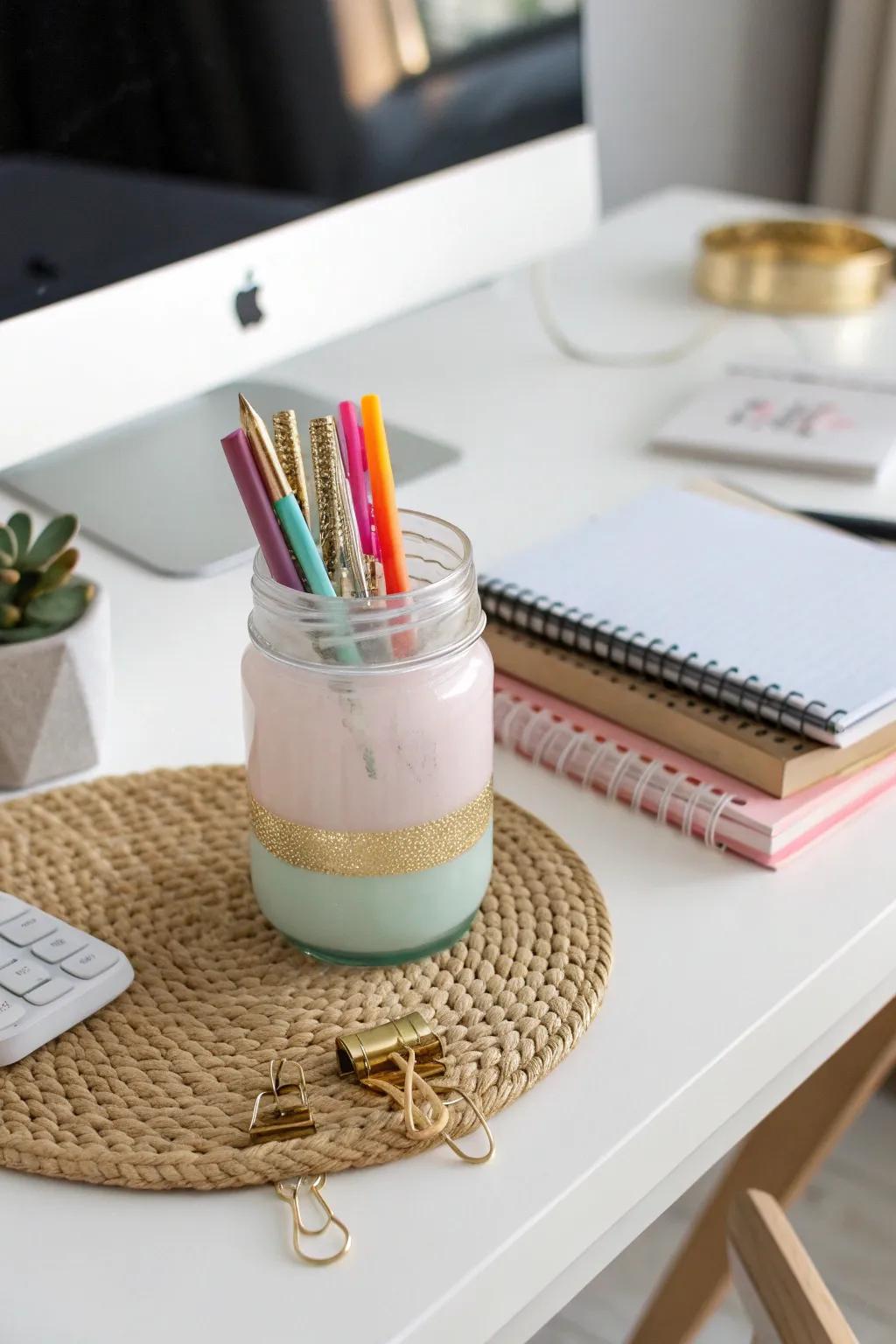 Revamp your workspace with sophistication: repurpose aged candle containers into stylish desk organizers!