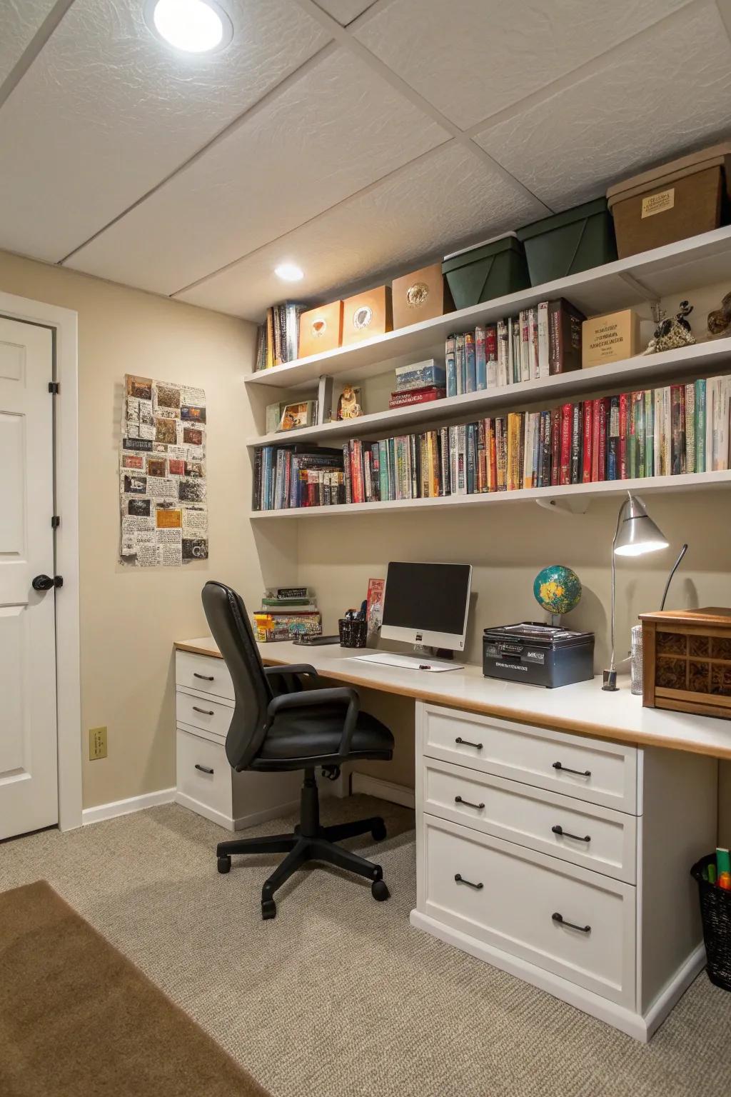 A home workplace within the basement provides a tranquil, committed workspace.