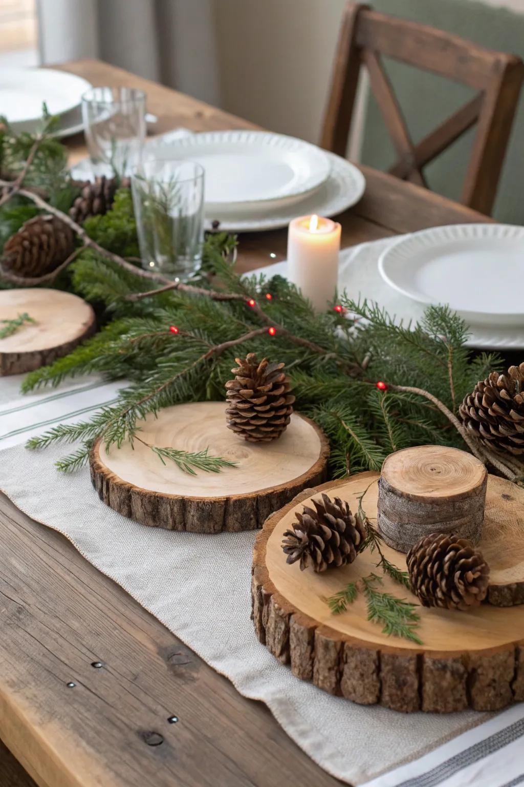 Present a welcoming table adorned with rustic winter elements.