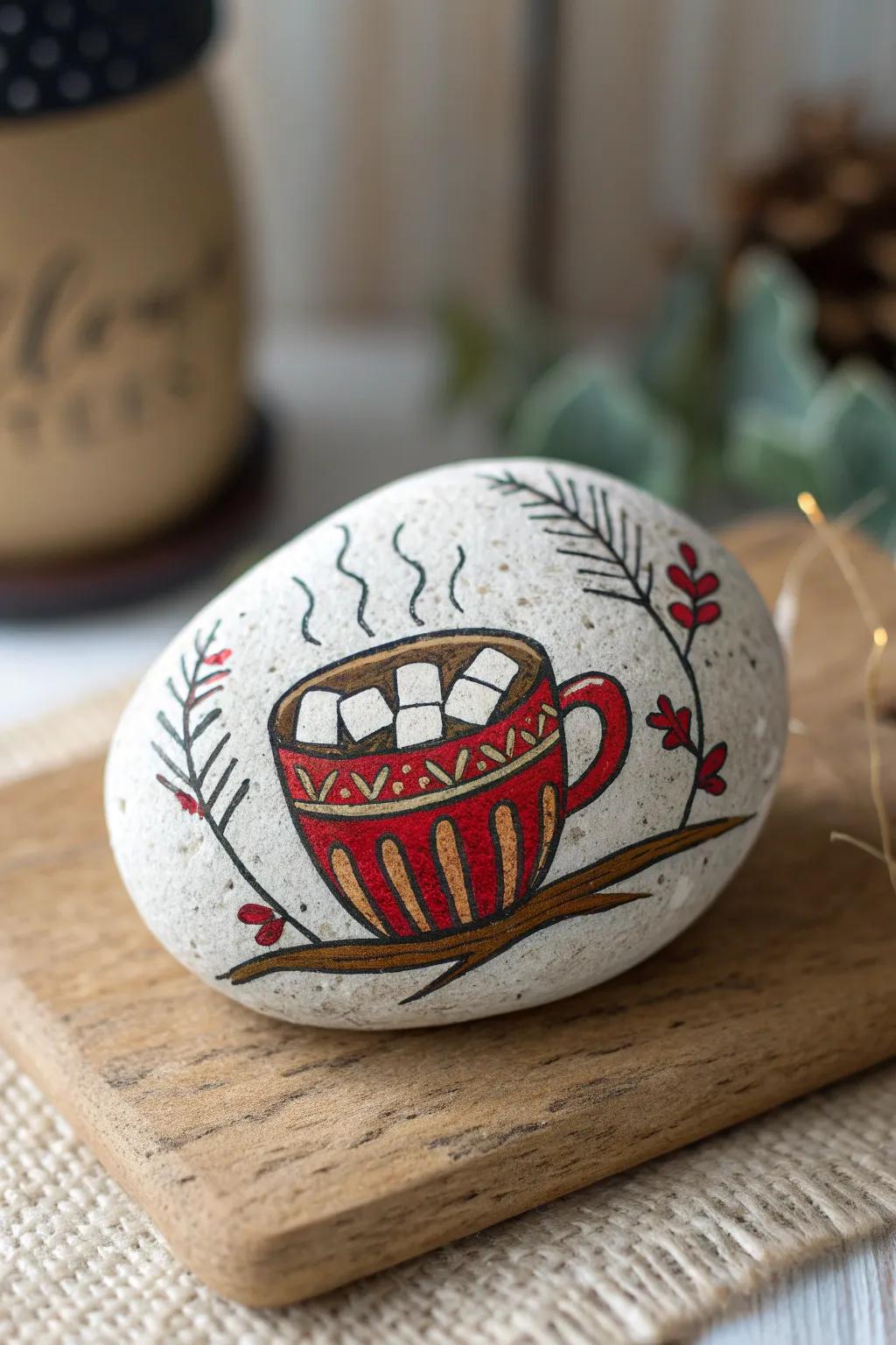 Warm up your winter with these delightful hot cocoa rock paintings!