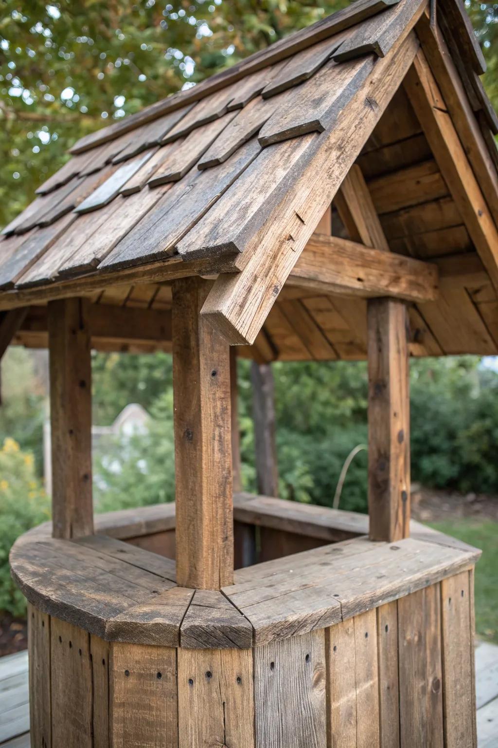 Elevate your garden with a wishing well roof crafted from salvaged timber, where history and expert craftsmanship converge.