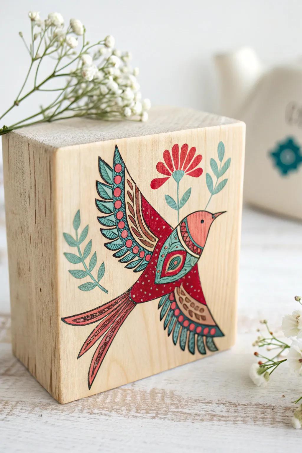 Impart tales to vitality utilizing artisanal timber block artistry showcasing vibrant avian illustrations.