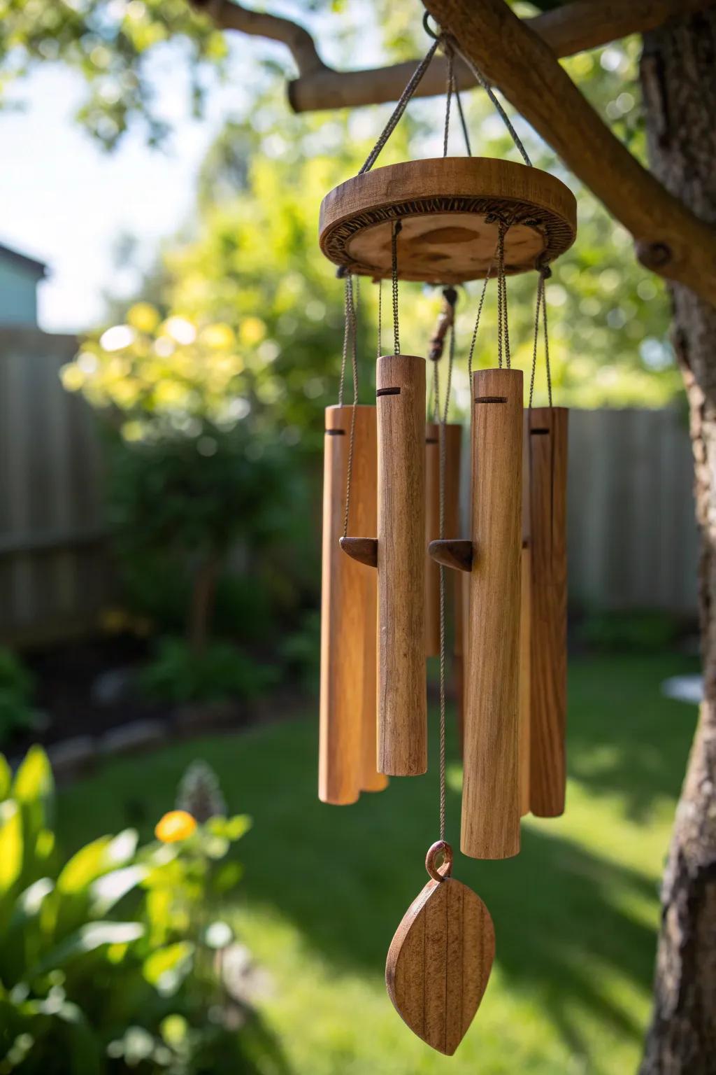Infuse a touch of artistry into your garden with this charming wooden wind bell.