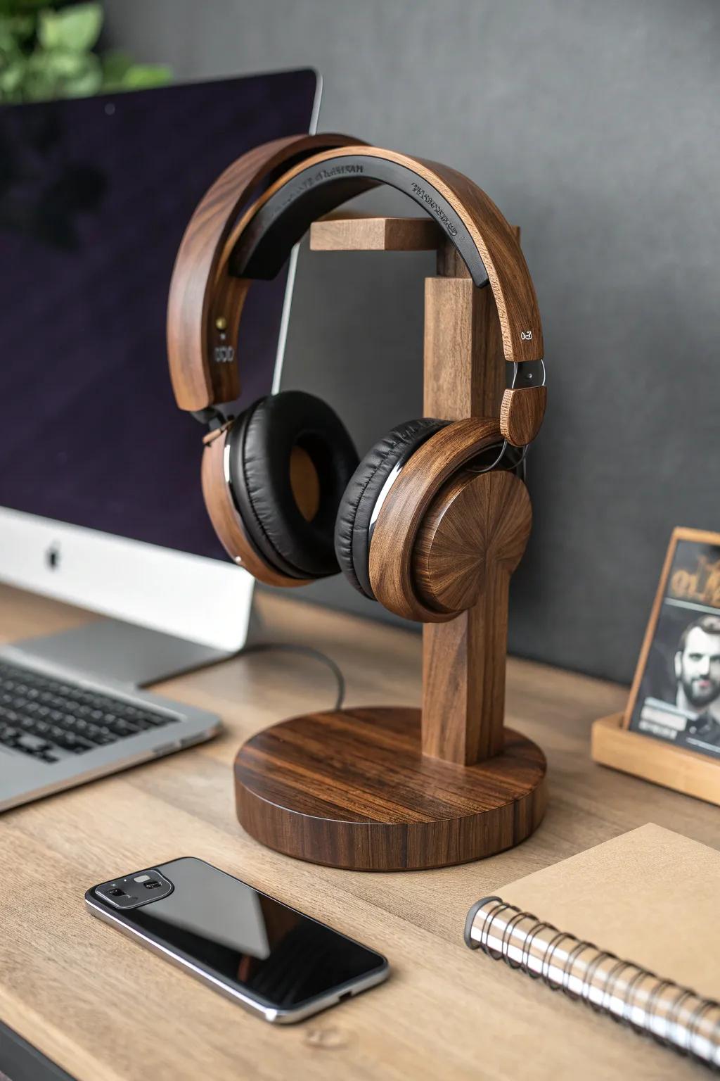 Upgrade your workspace via a hand-carved timber earphone platform - where elegance complements utility.