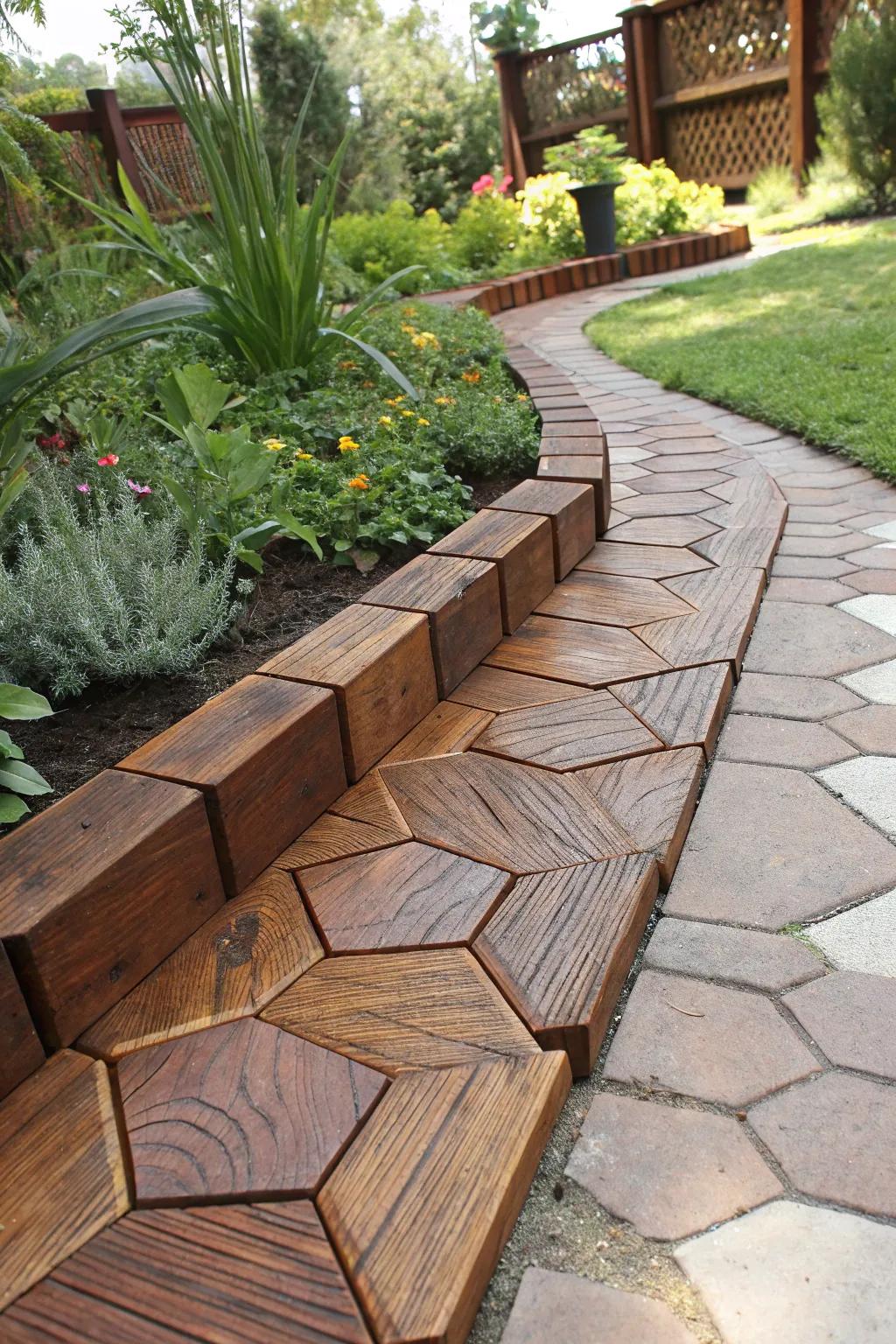 Boost your garden's allure with notable geometric wood edging, celebrating outstanding artistry.