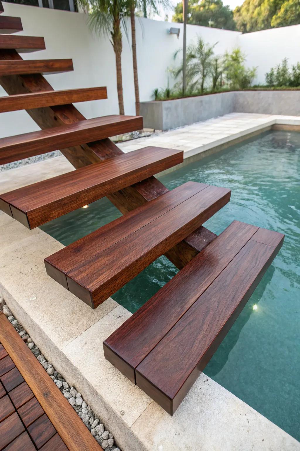 Encounter the artistry of illusion with these stunning drifting timber pool steps.