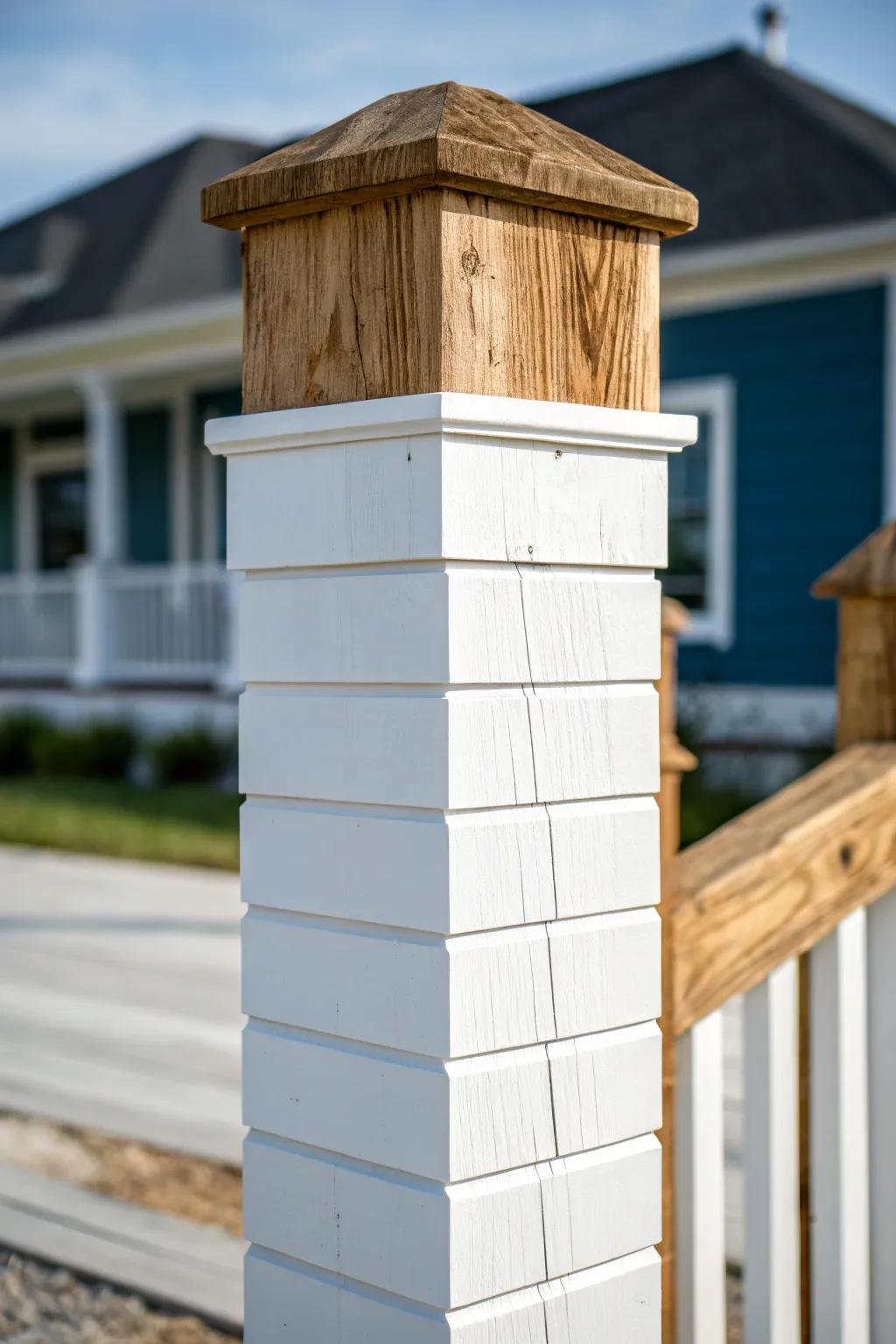 Embrace farmhouse elegance with a grooved board-wrapped post that transforms any area into a comfortable retreat.