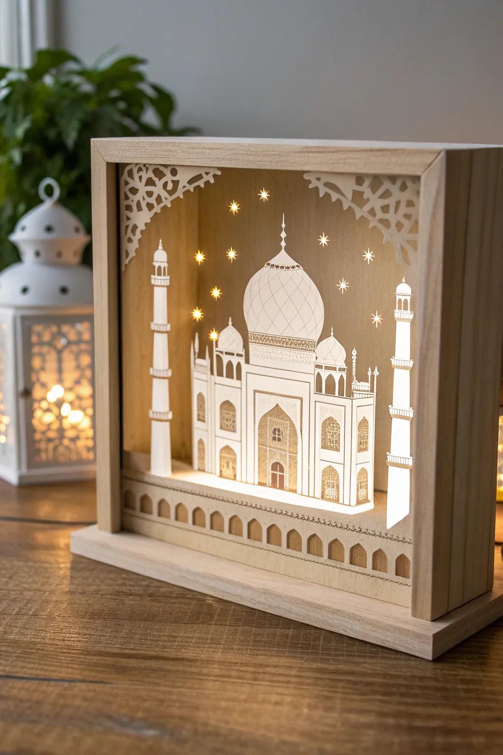 Illuminate your space with the enchanting glow of a Taj Mahal shadow box, merging minimalist design with bohemian flair.