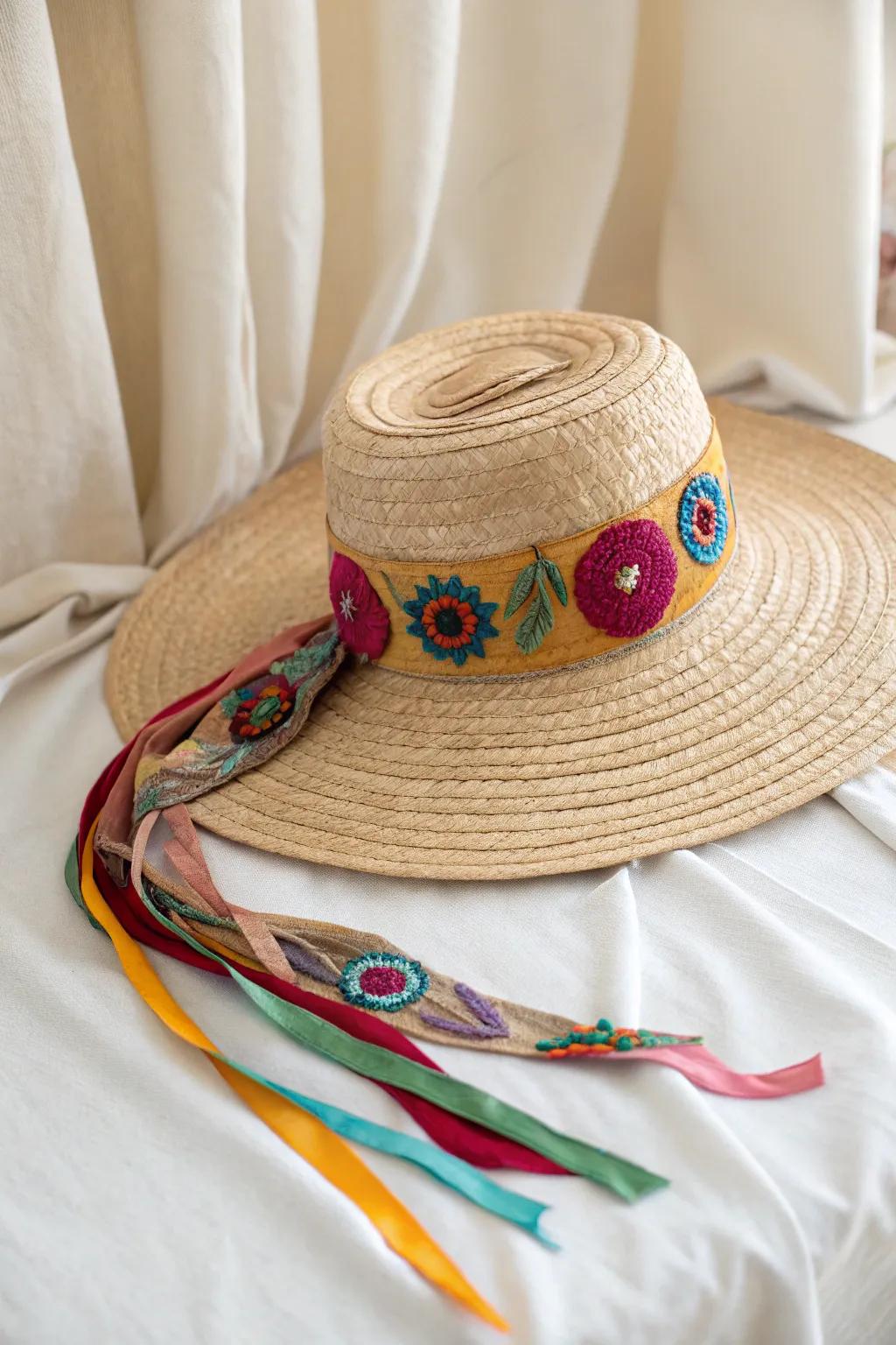 Transform your old hat into a boho masterpiece with colorful patches and ribbons!