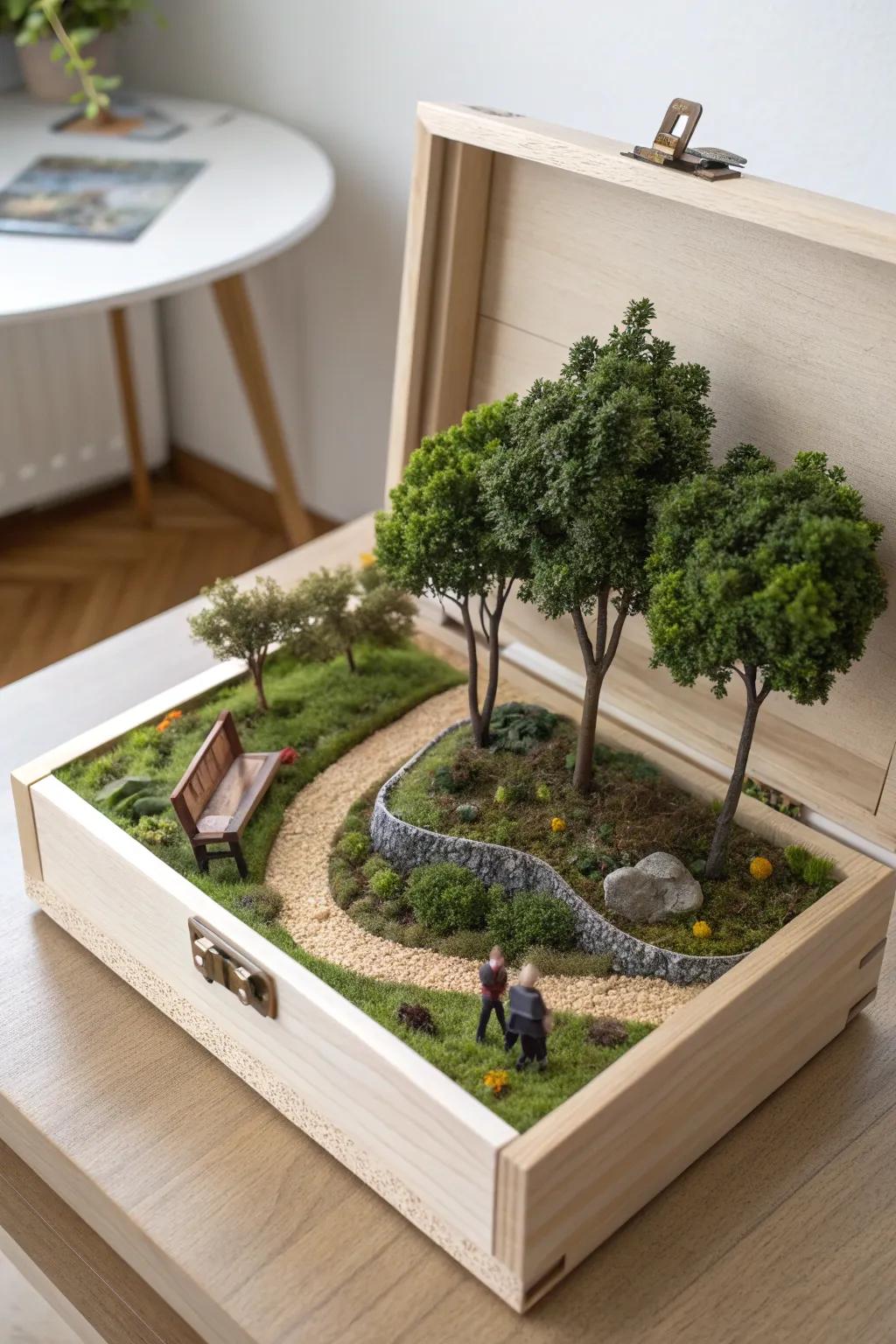 Capture the serenity of your cherished locale, exquisitely miniaturized within a handcrafted diorama box.