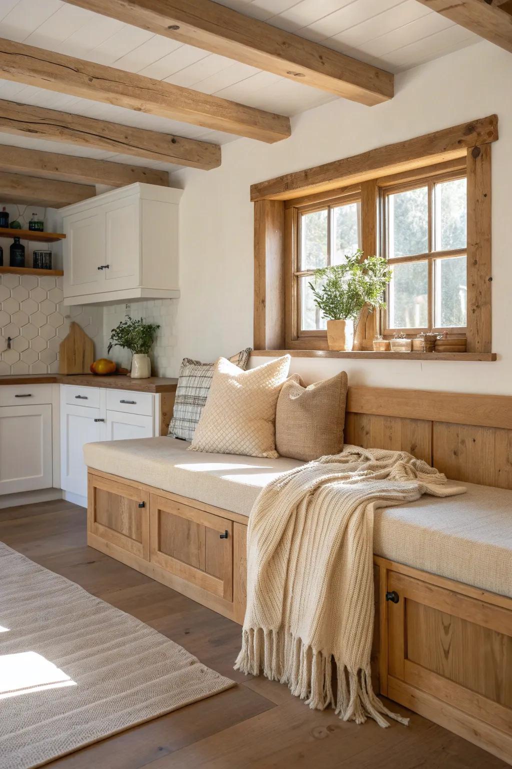 Delight in the charm of artisan detailing with a cozy fitted bench, perfect for calm morning moments.