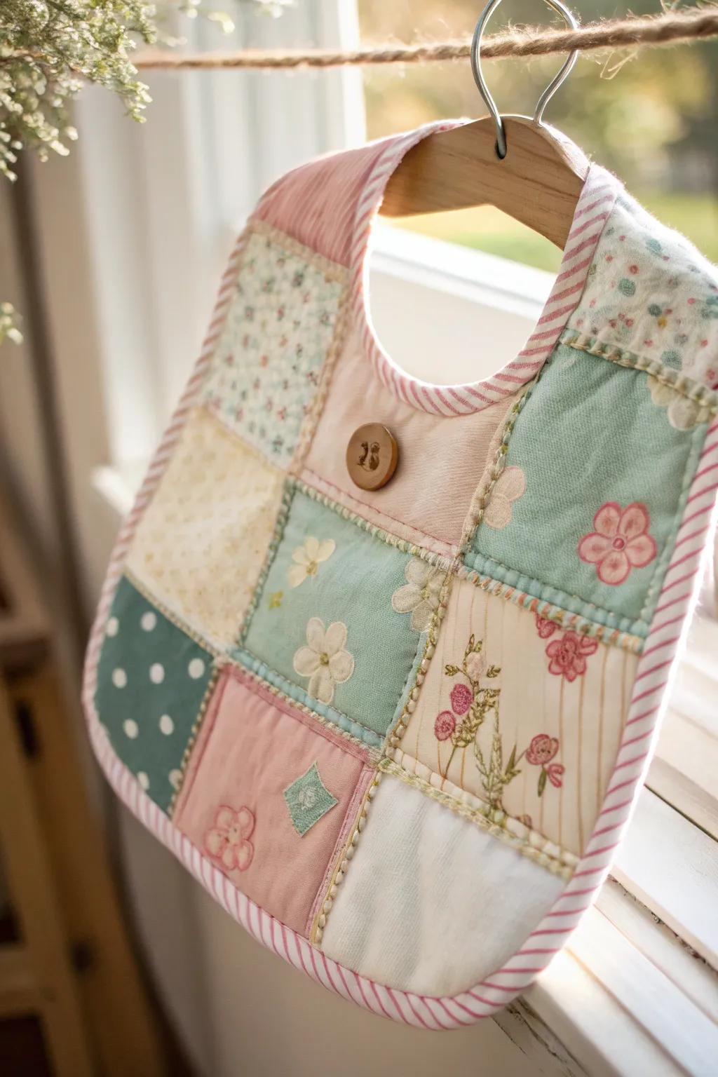 Fashion your little one's narrative with a charming patchwork bib, where unpretentiousness encounters artistry.