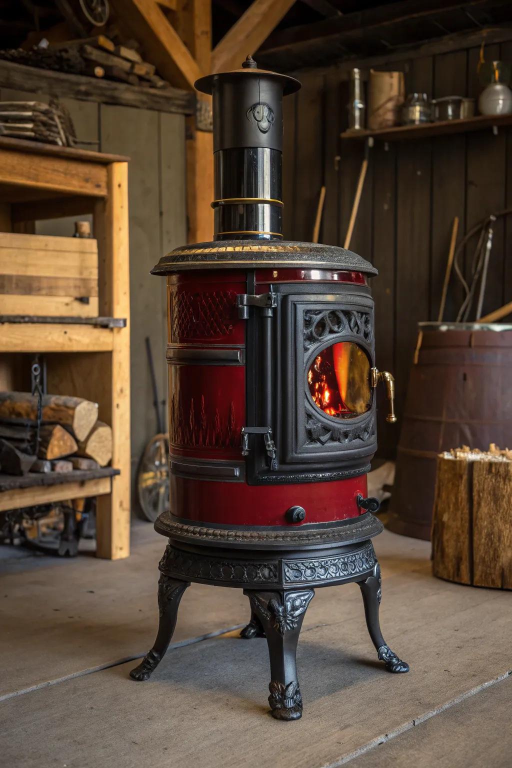 Enhance warmth: Cask heater coupled with artistically crafted metallic supports, blending flair and functionality.