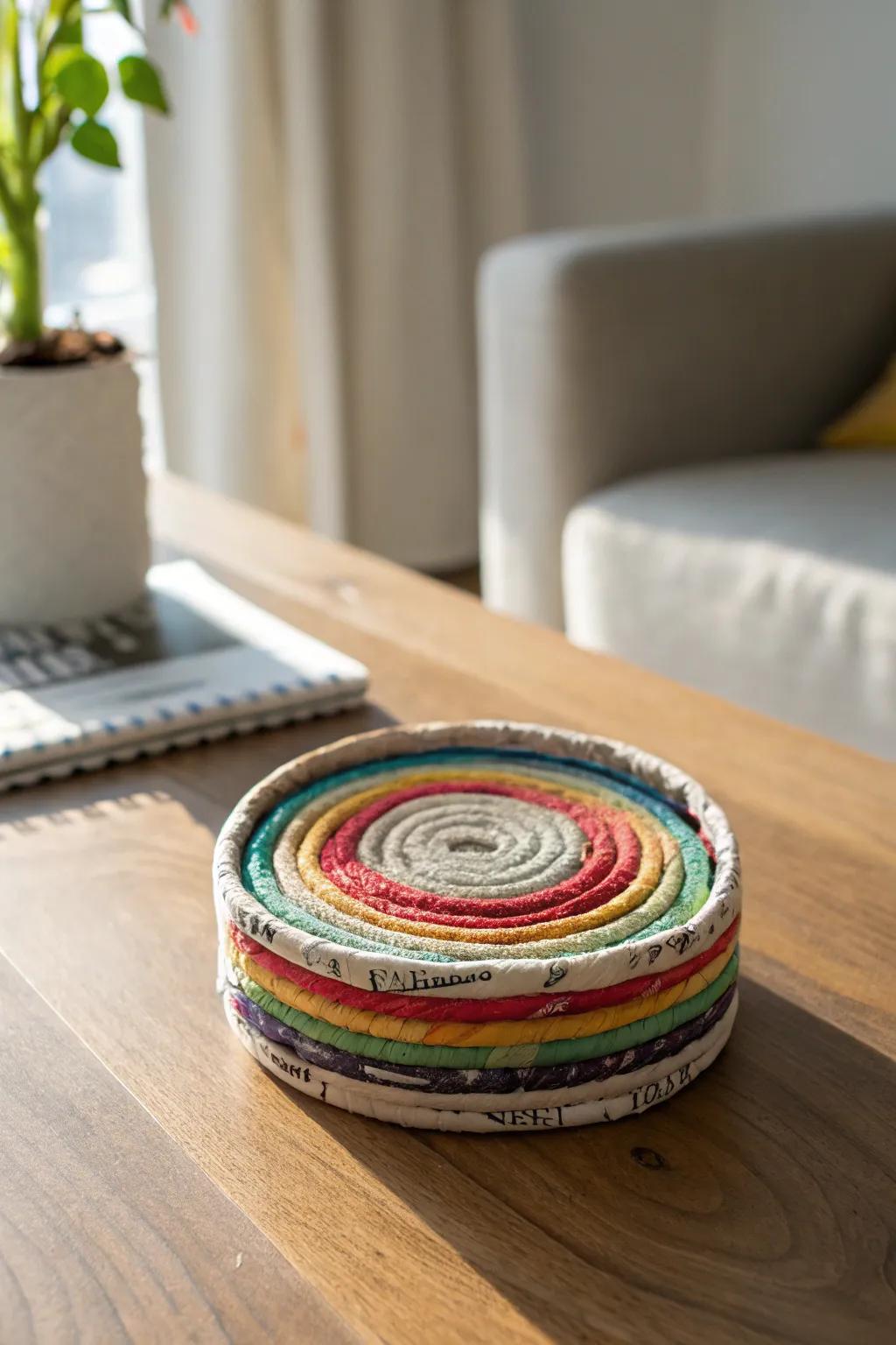Transform old periodicals into vibrant coasters for an eco-friendly, stylish touch to your home.