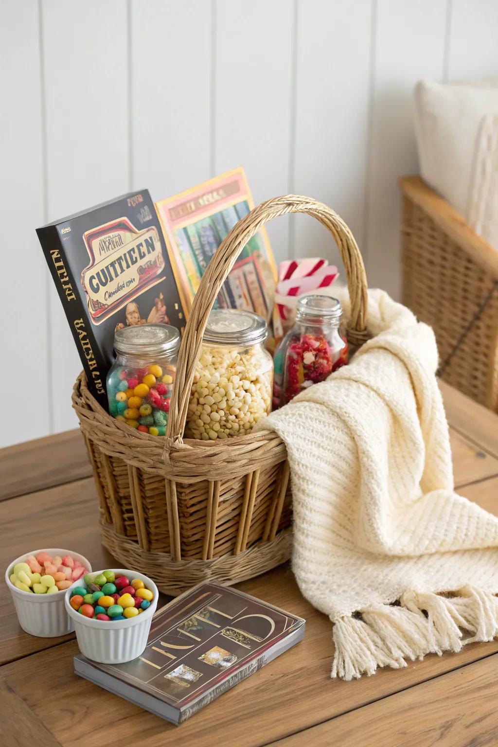 Elevate your birthday present with a cosy movie night basket - the ideal blend of comfort and style!