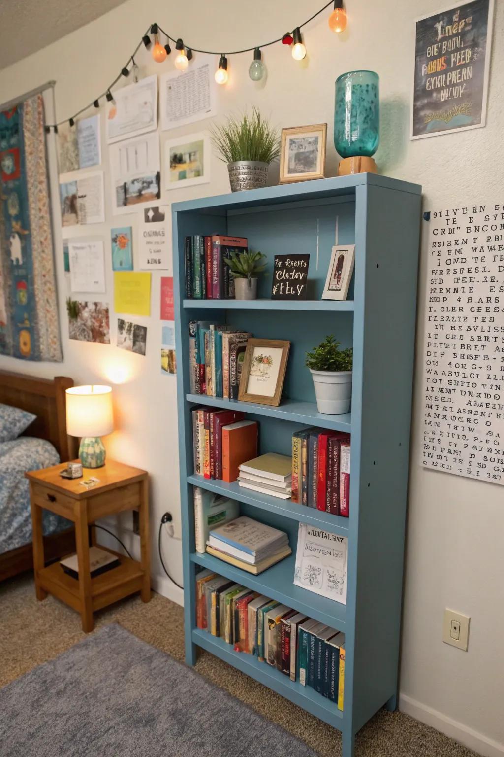 An azure bookcase injects utility and grace.