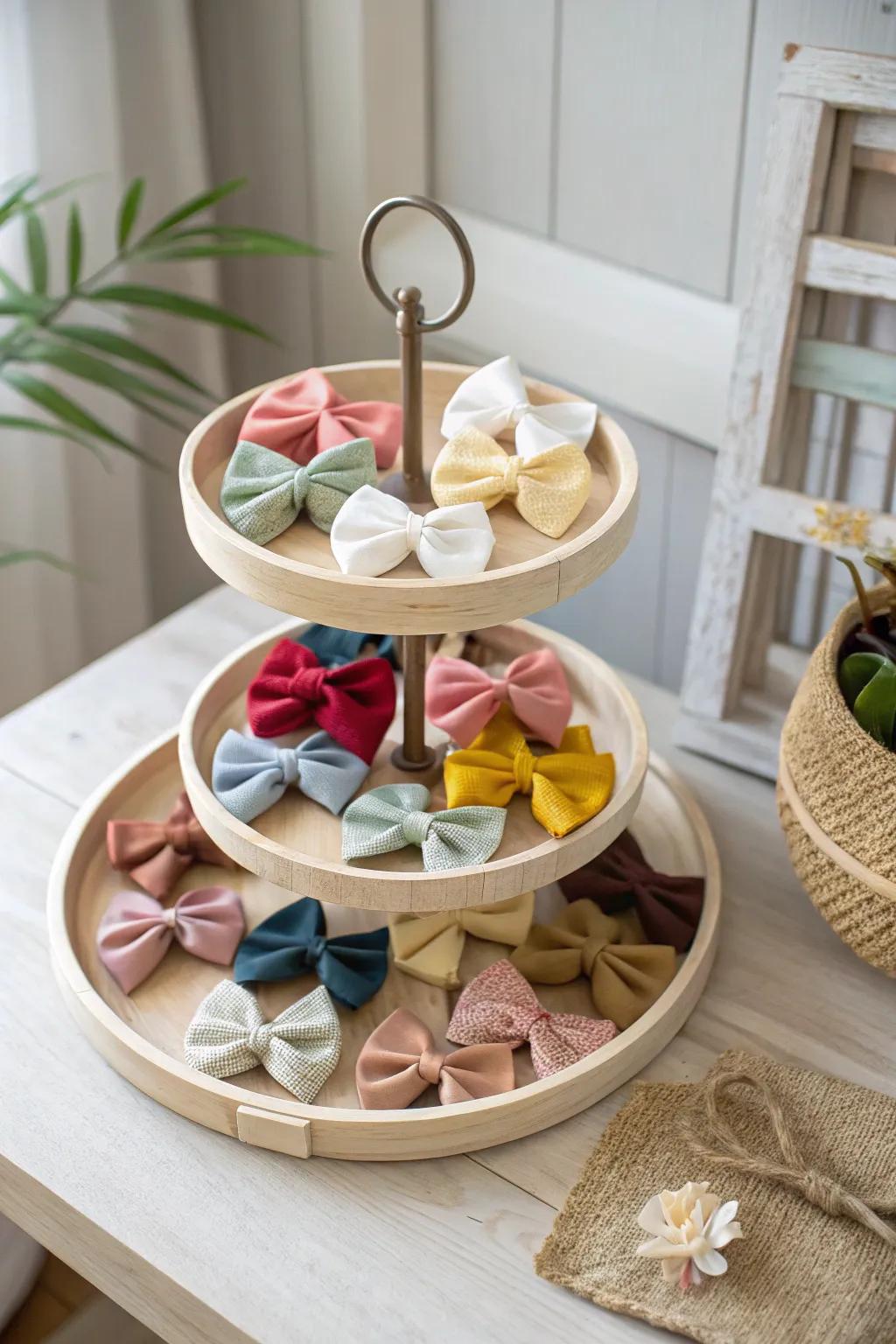 Elevate your hair accessories with a hint of Scandinavian elegance using a tiered serving display.