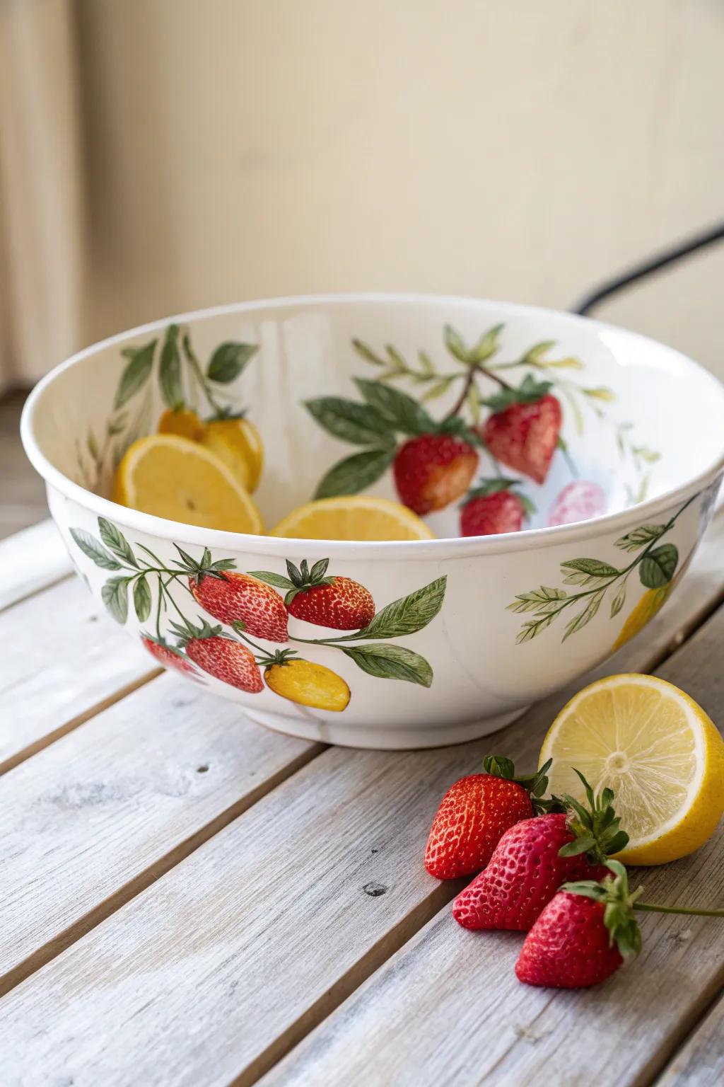 Illuminate your dining space with a hand-painted Fruity Abundance bowl, an ideal amalgamation of Scandinavian austerity and boho allure.