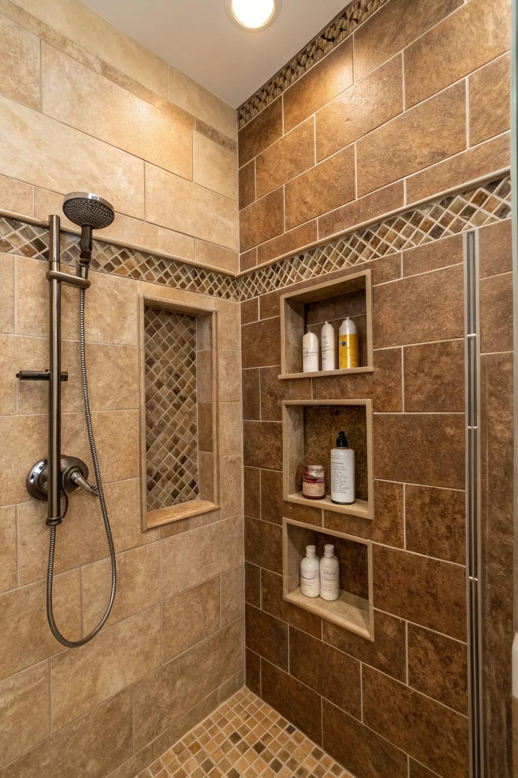 Alcoves append practicality and vogue to chocolate tile showers.