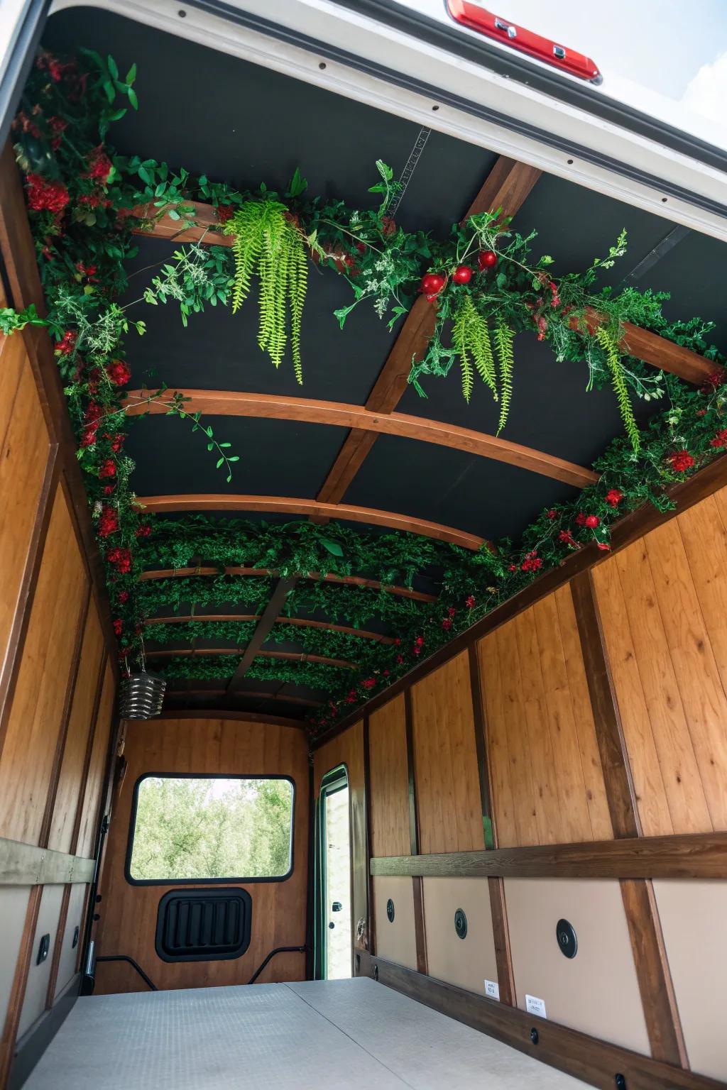 Transform your cargo trailer into a serene getaway with a stunning greenery ceiling.