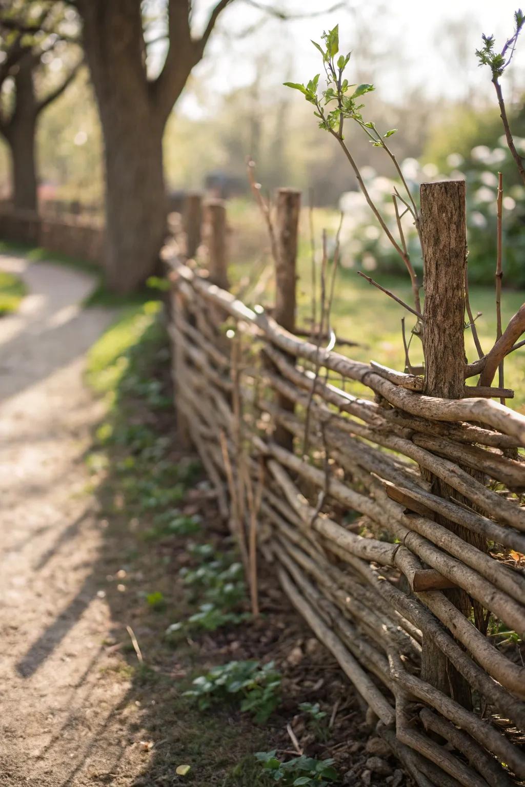 Eco-friendly elegance: Transform your garden with a charming woven twig fence.