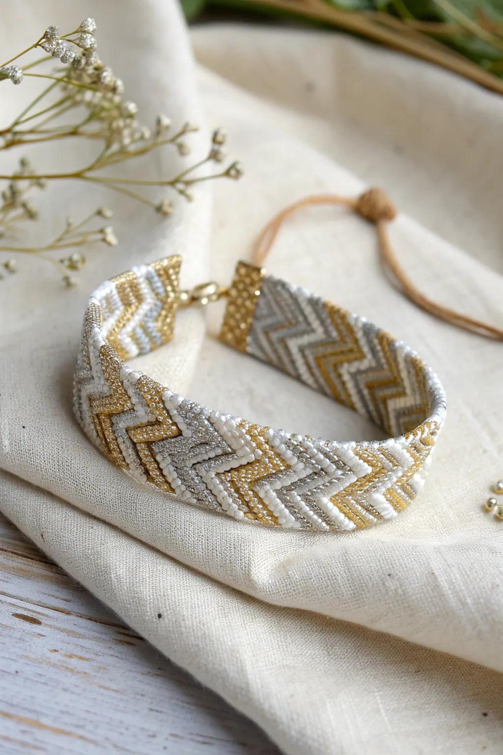 Elevate your aesthetic with the subtle glam of metallic embellishments in a chevron wristband.