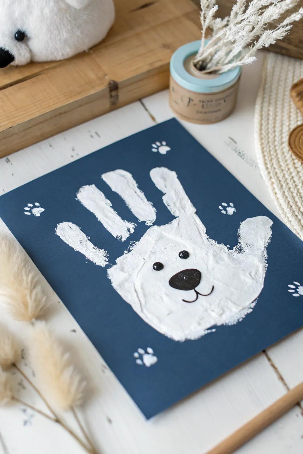 Create a cozy arctic wonderland with this adorable polar bear handprint art, perfect for a minimalist Christmas touch!